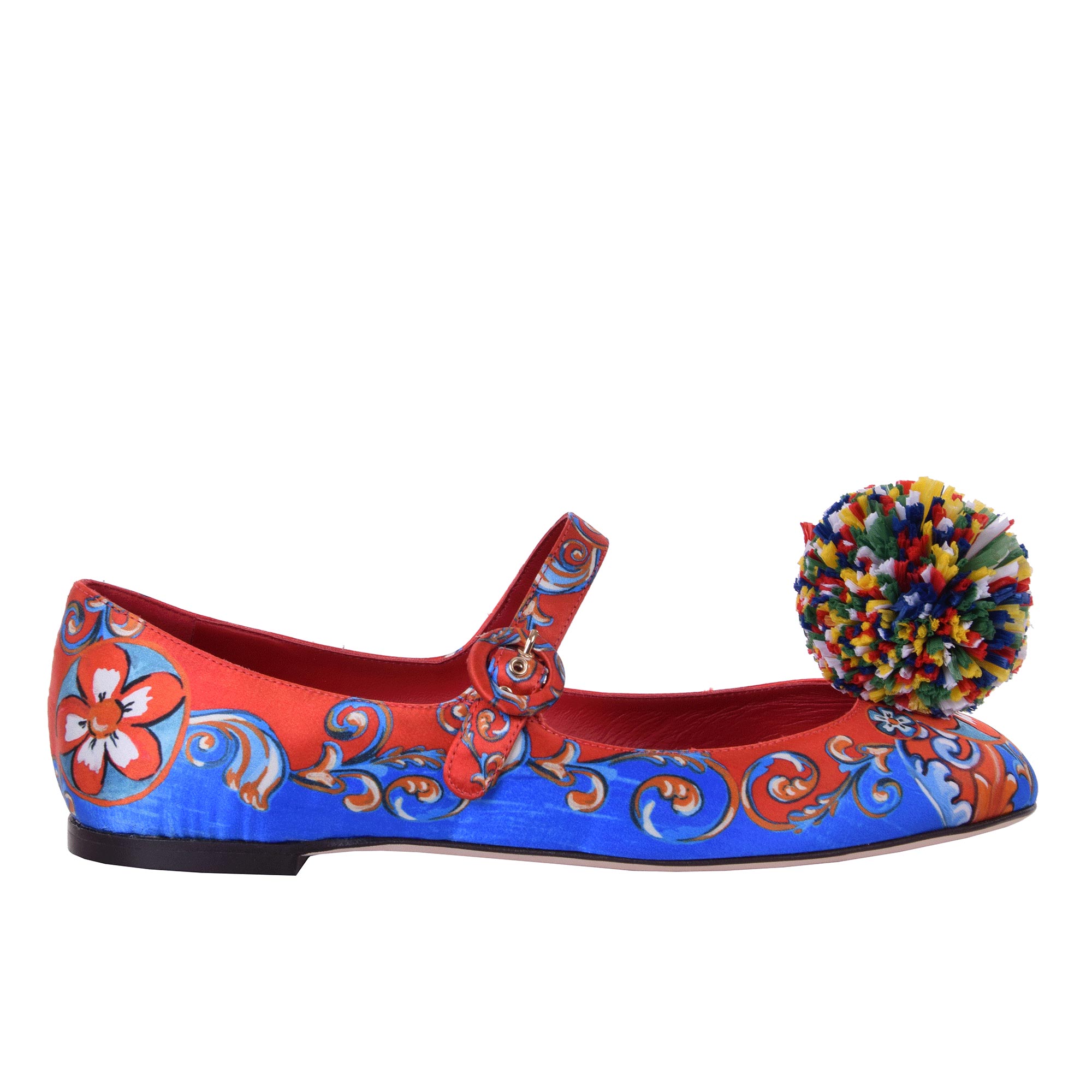 Carretto und Blumen Print Ballerinas aus Satin mit Pompon Brosche in Rot und Blau von DOLCE & GABBANA