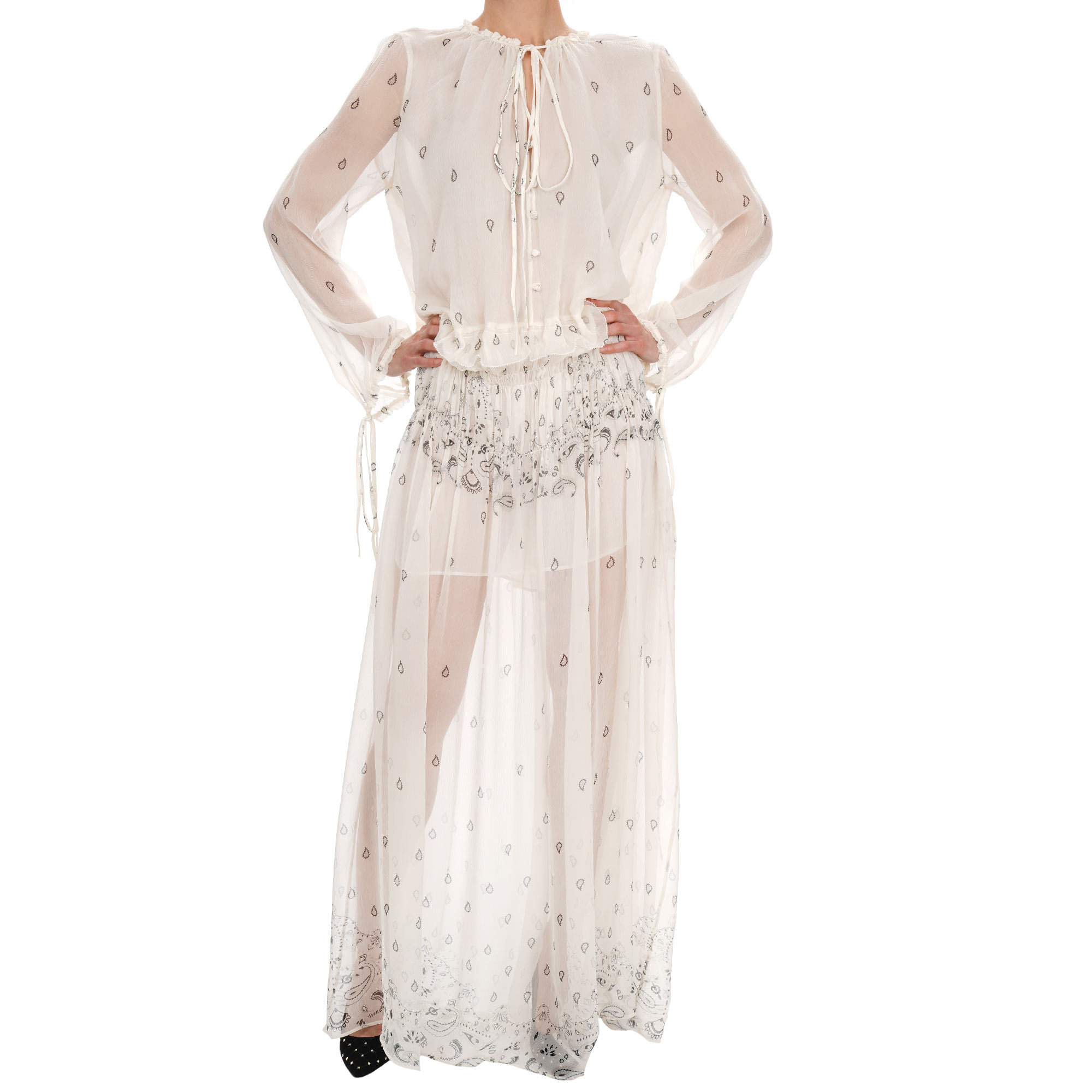 Chiffon Seide Paisley Maxi Kleid Ivory Weiß IT 40 DE 34 S