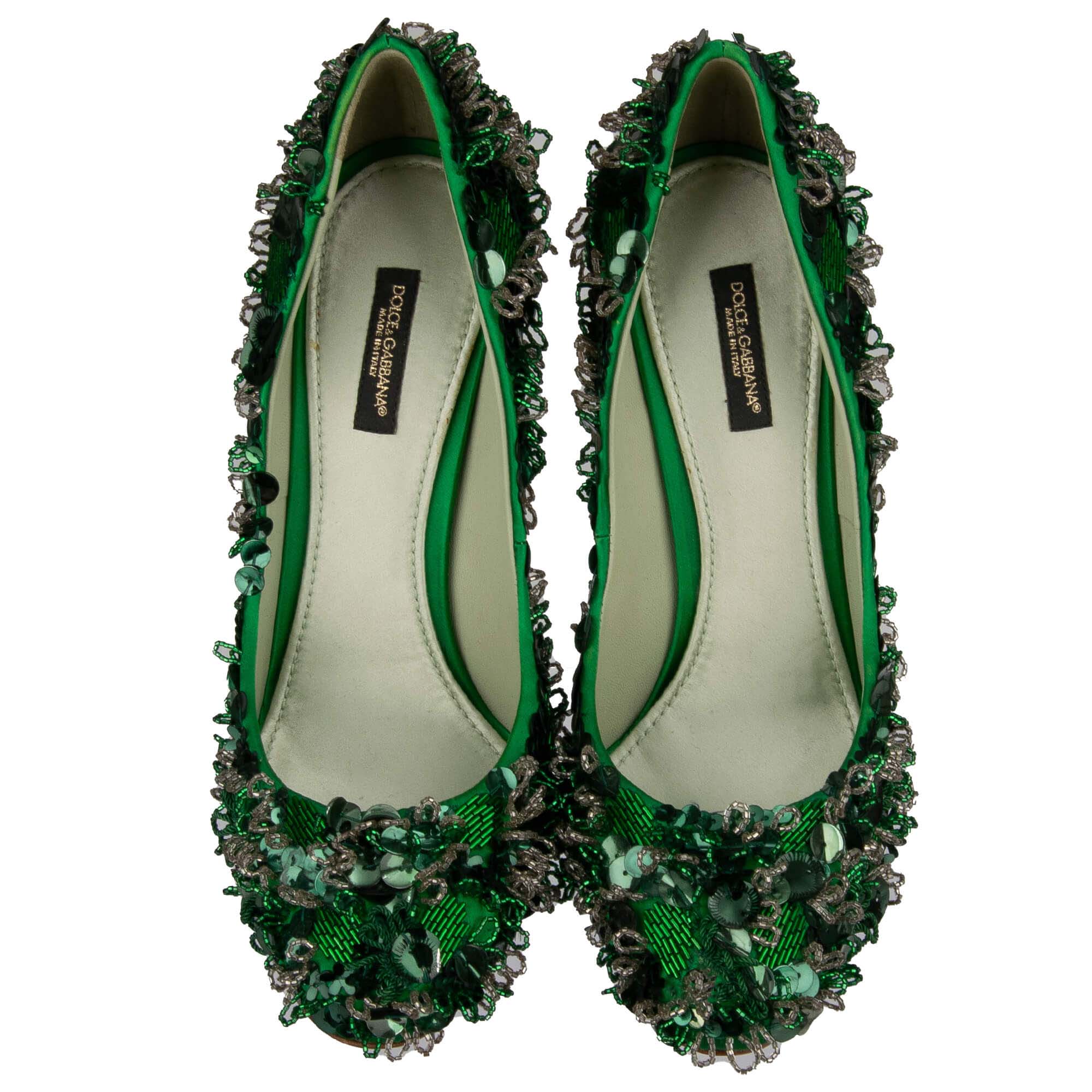 High Heel Pumps VALLY aus Leder und Stoff mit hand-bestickten Perlen und Pailletten in Grün von DOLCE & GABBANA 
