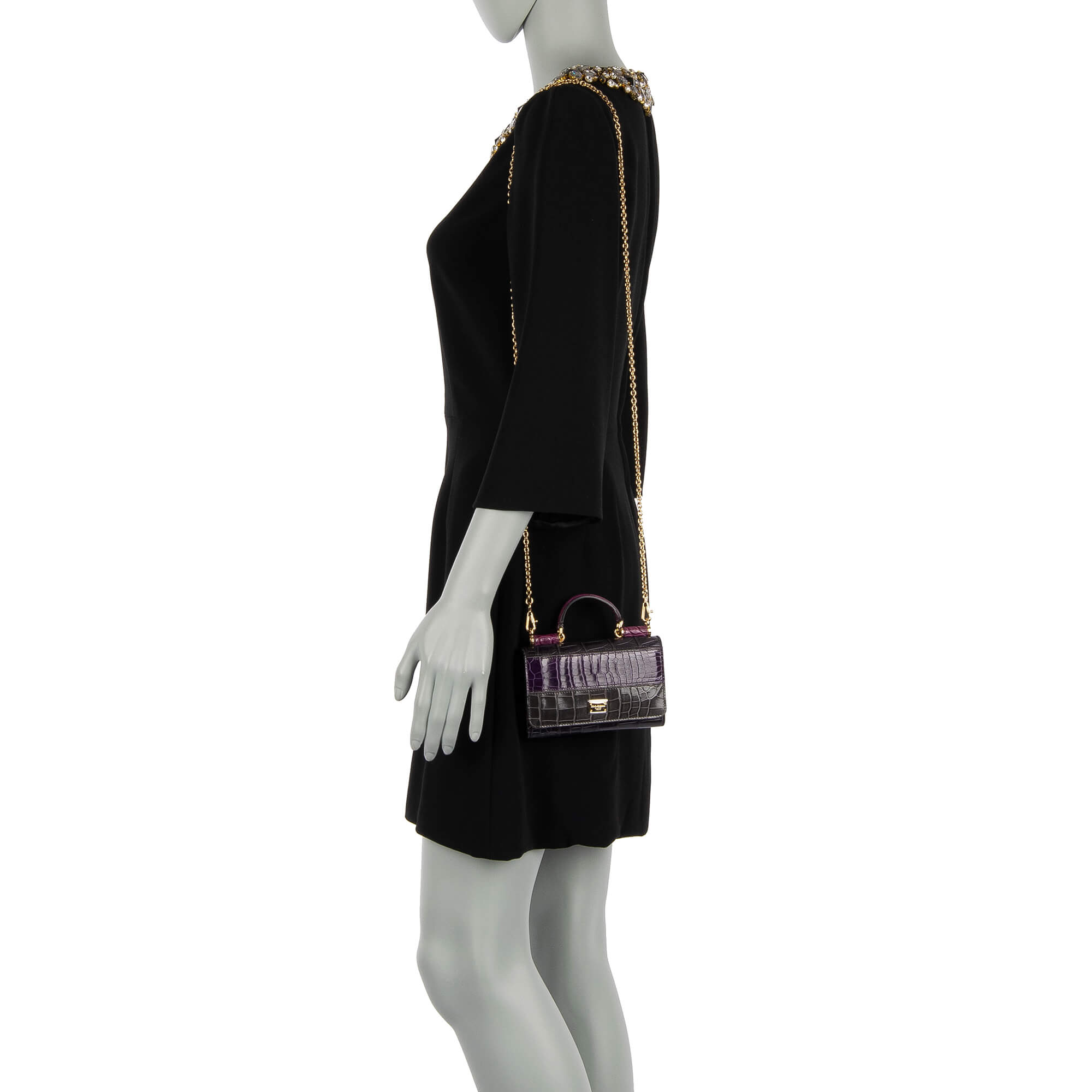 Crossbody Crocodile Leather clutch bag / wallet SICILY VON BAG Mini in purple / gray with logo plate and many slots by DOLCE & GABBANA
