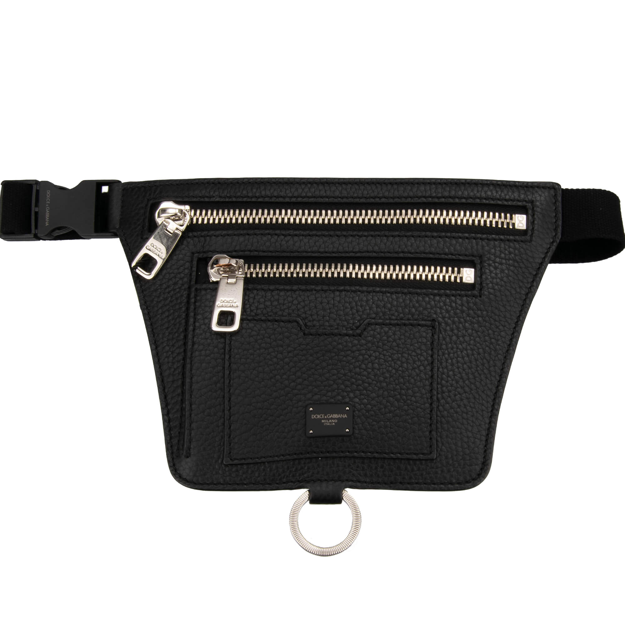 DG Logo Plate Ring Leather Waist Bag Black Silver