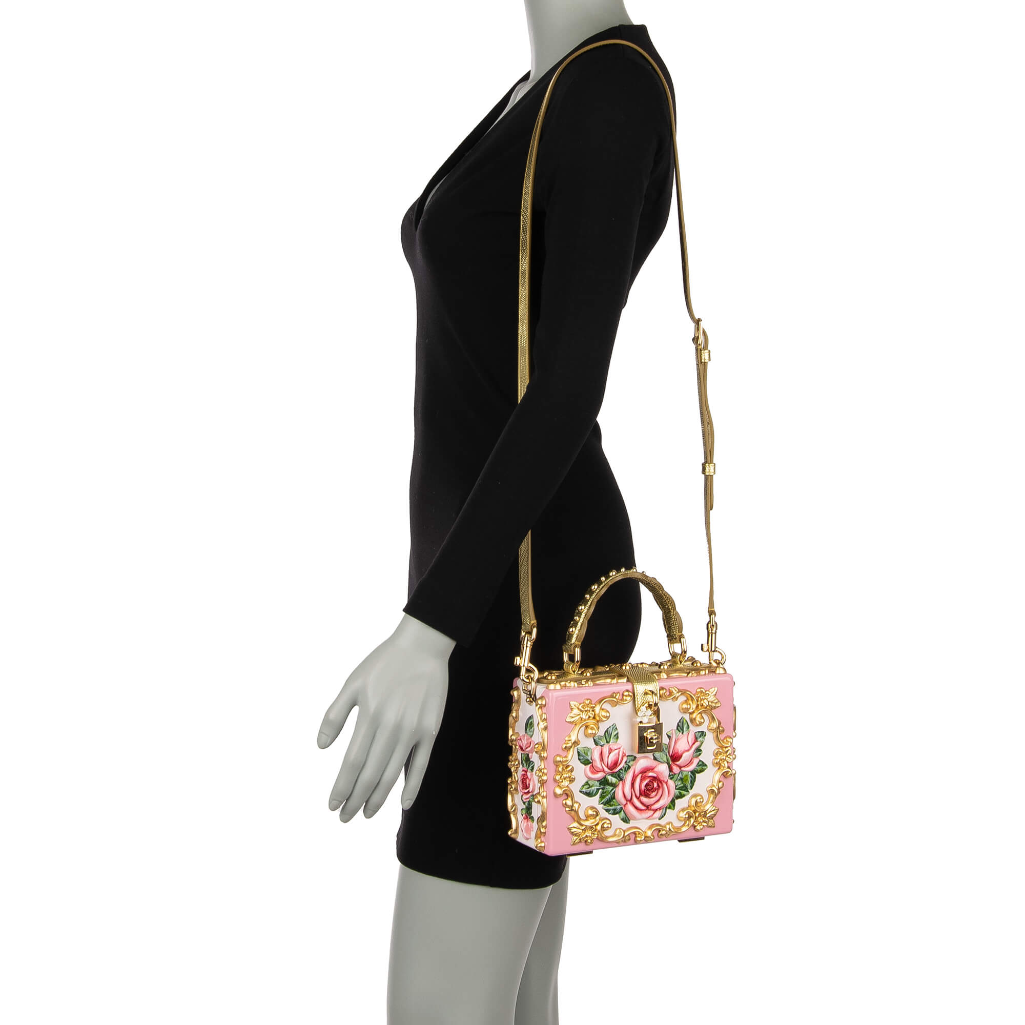 Ceramic vases inspired, hand-painted Top Handle Clutch Bag / Handbag DOLCE BOX made of wood with embossed roses and studs and decorative padlock with enamel flower by DOLCE & GABBANA