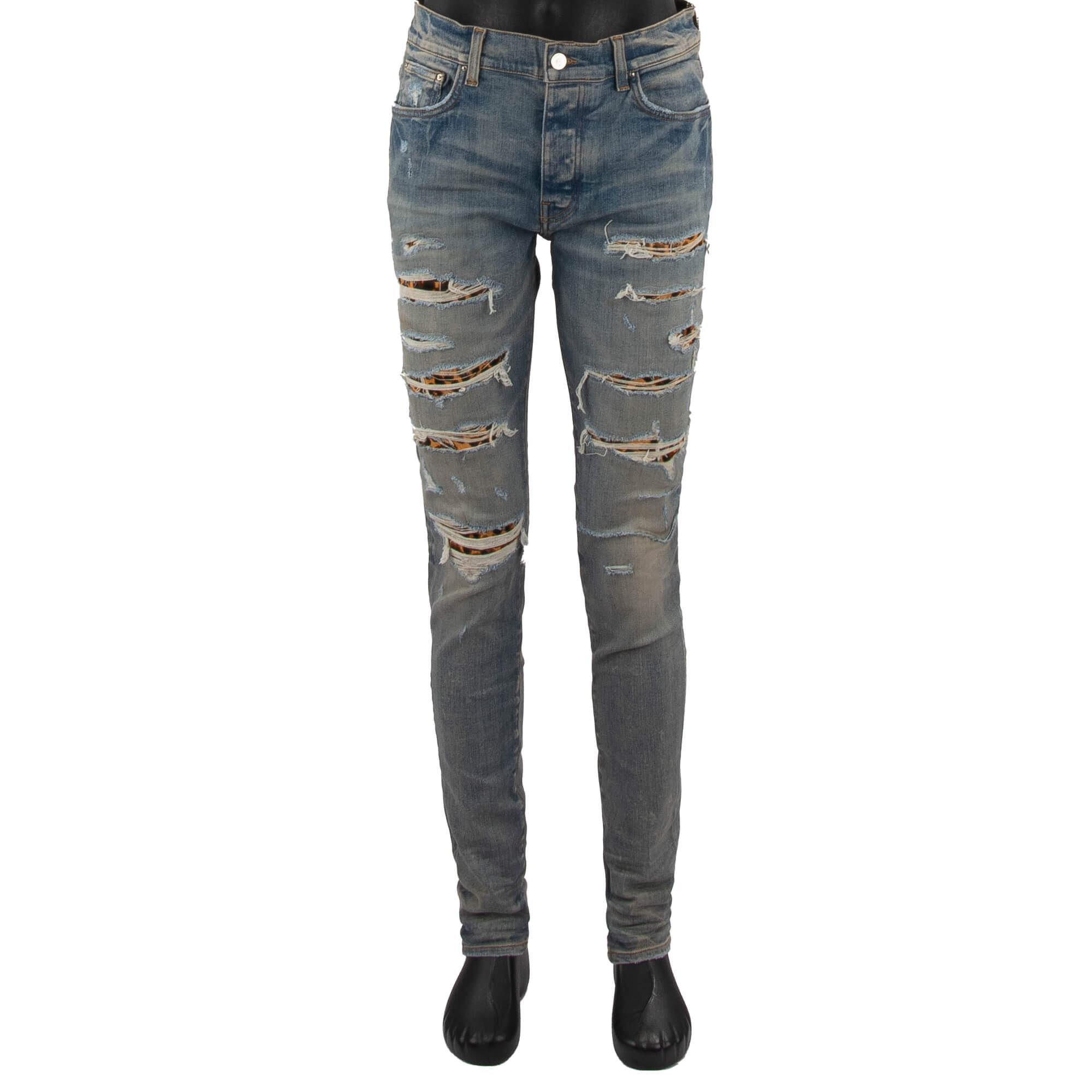 Leopard Thrasher Skinny Jeans with Leather Fur Inserts Indigo Blue