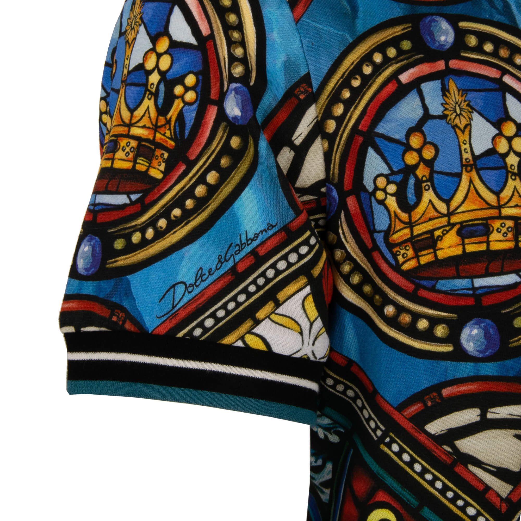 Baumwolle T-Shirt mit Vitragen Print und gerippten Elementen in Blau, Schwarz und Gold von DOLCE & GABBANA