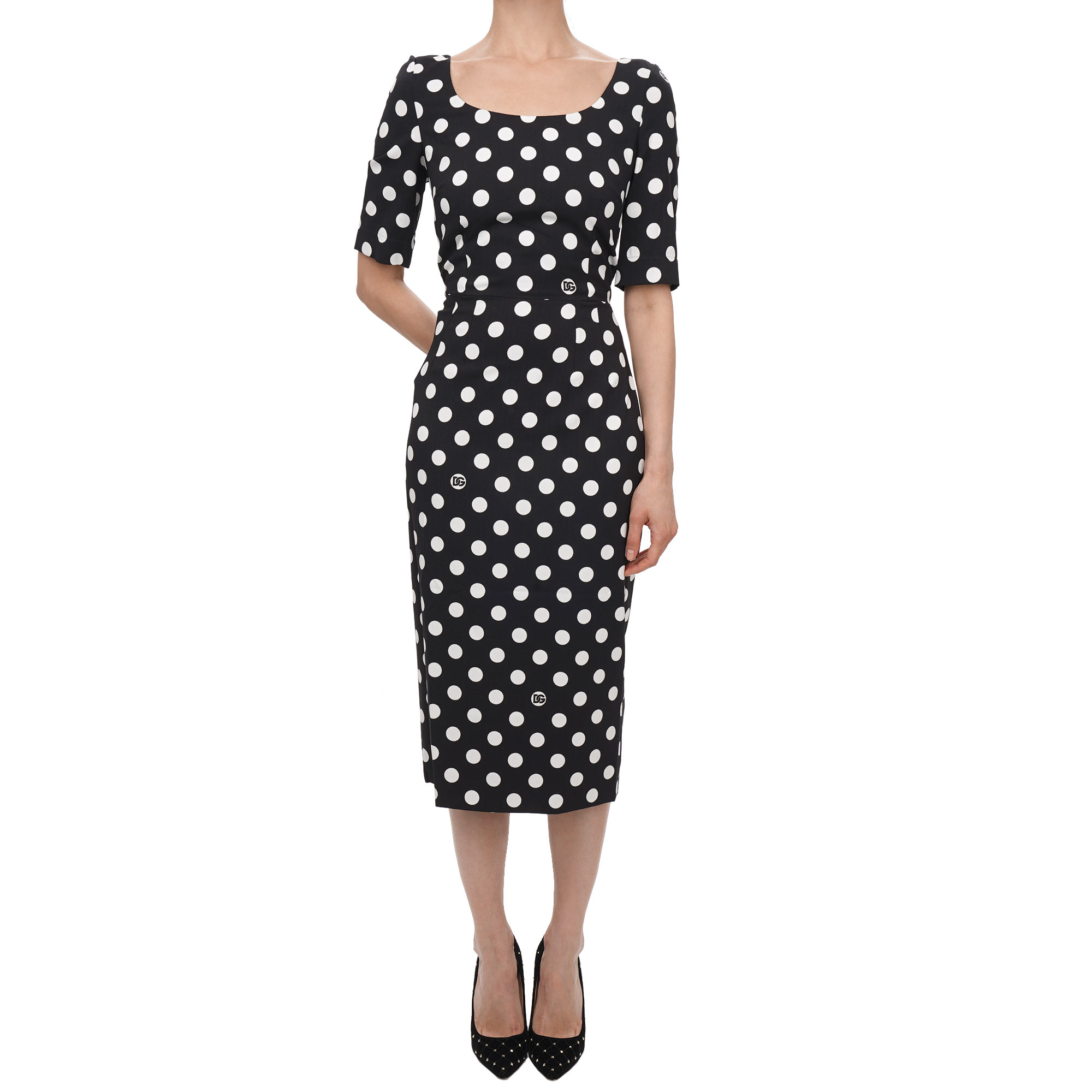 DG Logo Polka Dot Midi Kleid Schwarz Weiß IT 42 S M DE 36