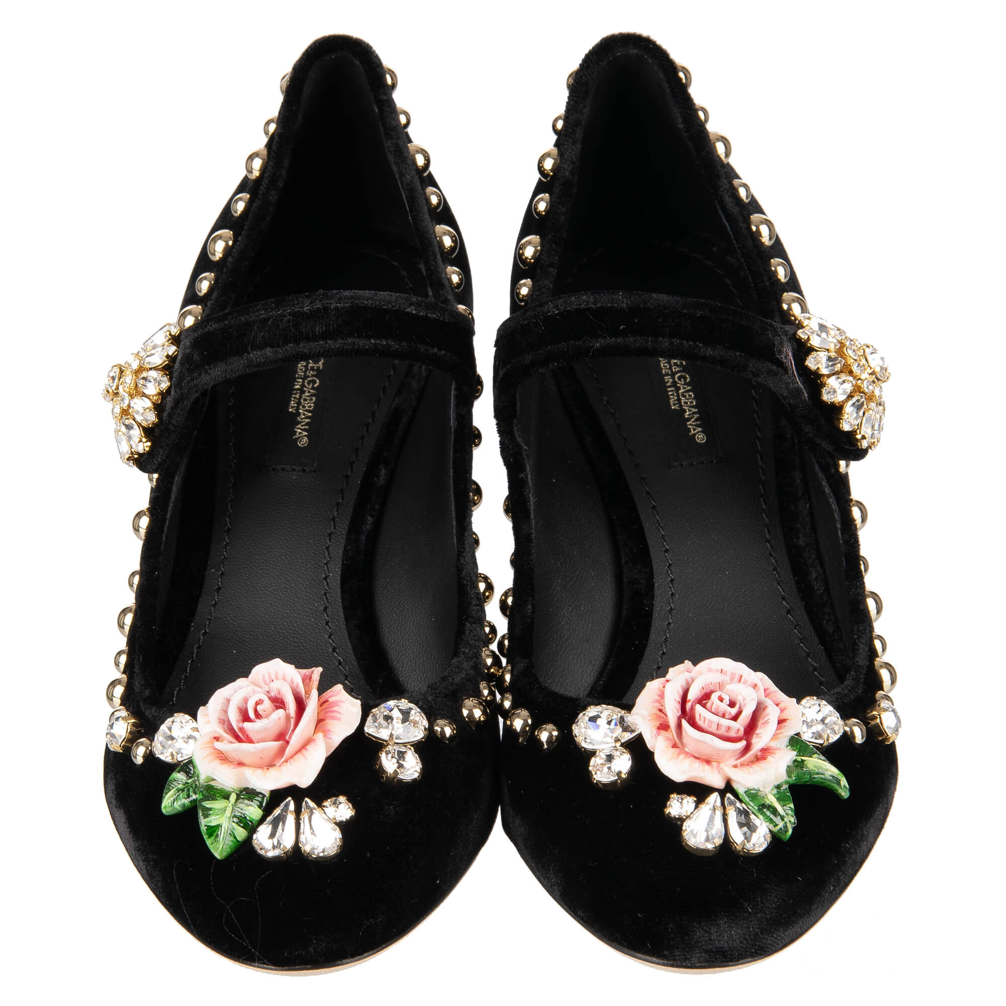 Elastic Velvet Mary Jane Pumps VALLY embellished with crystals, studs, large rose and crystals brooch by DOLCE & GABBANA