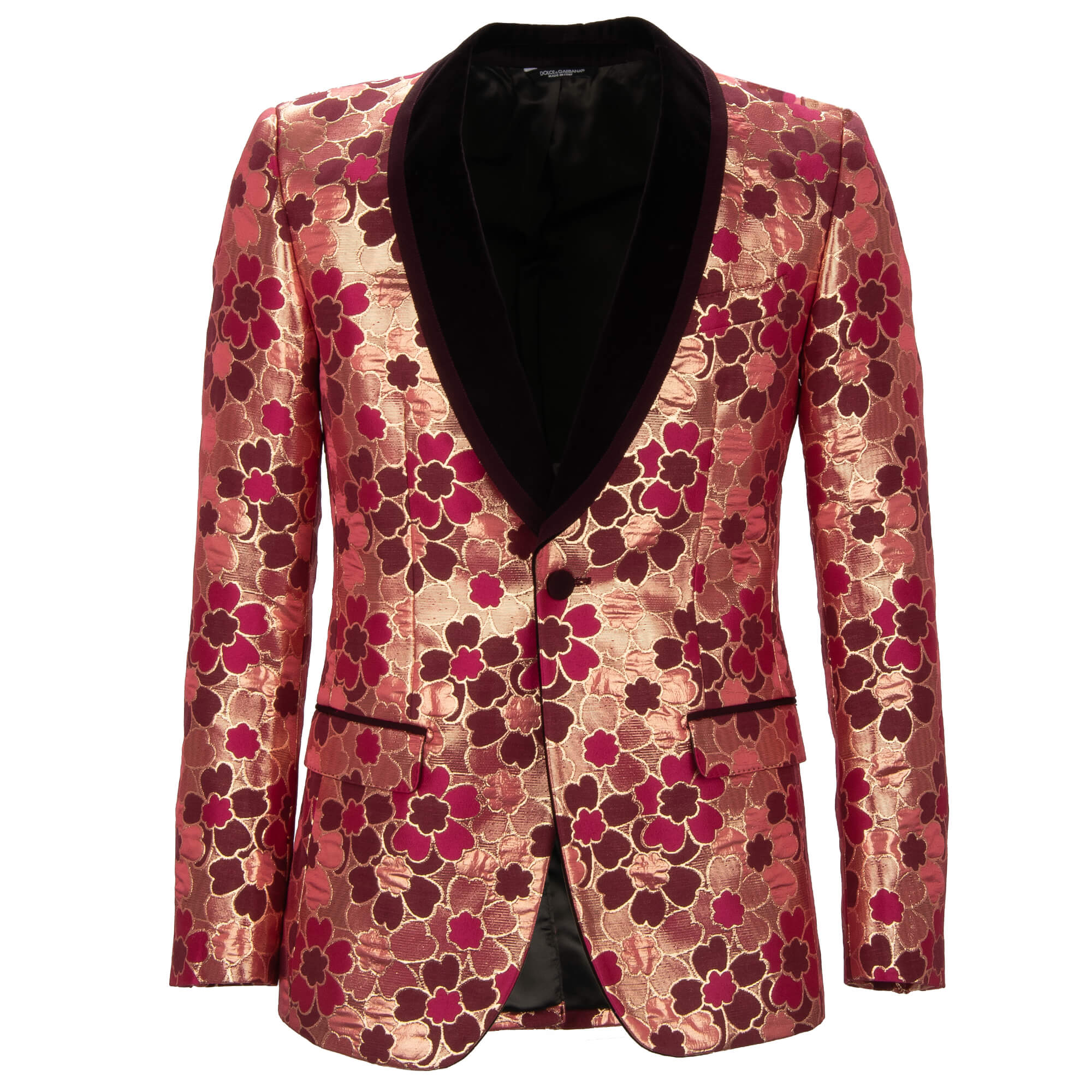 Flower Jacquard Velvet Tuxedo Blazer Jacket Pink Gold 44 XS