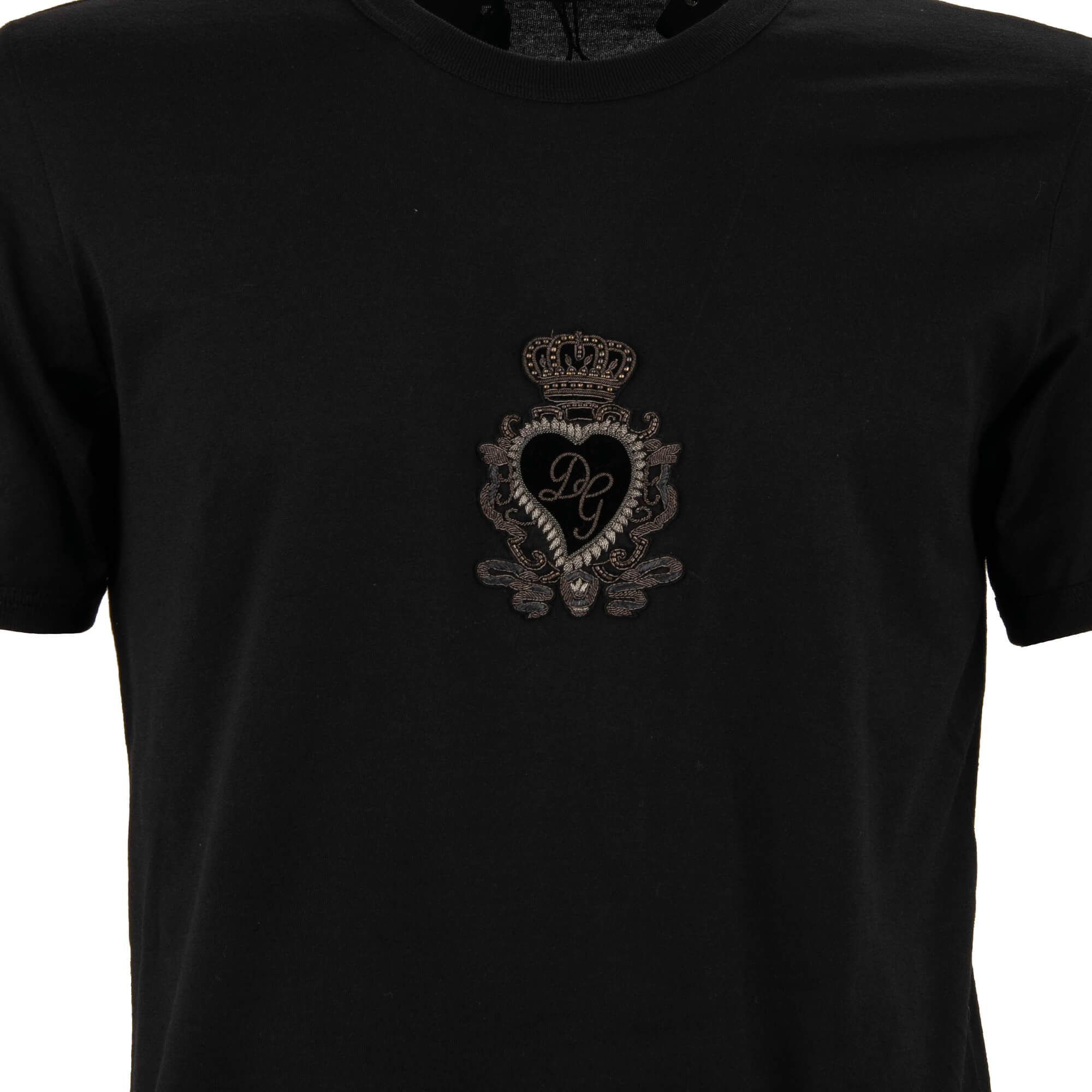 Cotton T-Shirt with DG Logo Baroque Goldwork Heart Embroidered Pearl Crown Patch in black by DOLCE & GABBANA