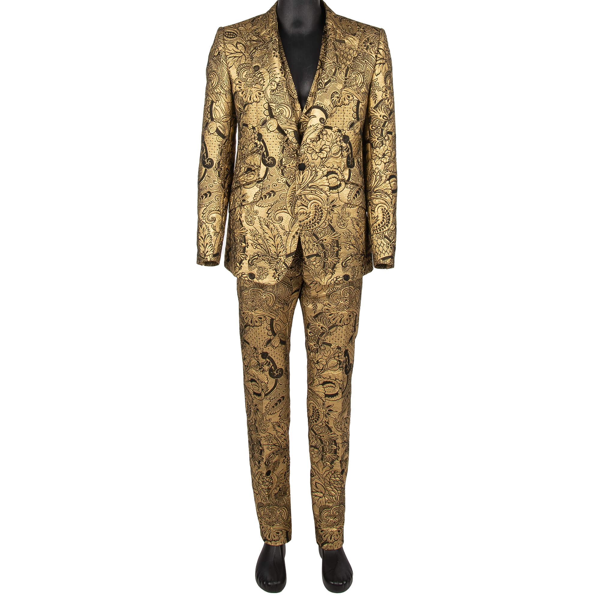 Flower Jacquard 3 piece suit with peak lapel in gold and black by DOLCE & GABBANA 