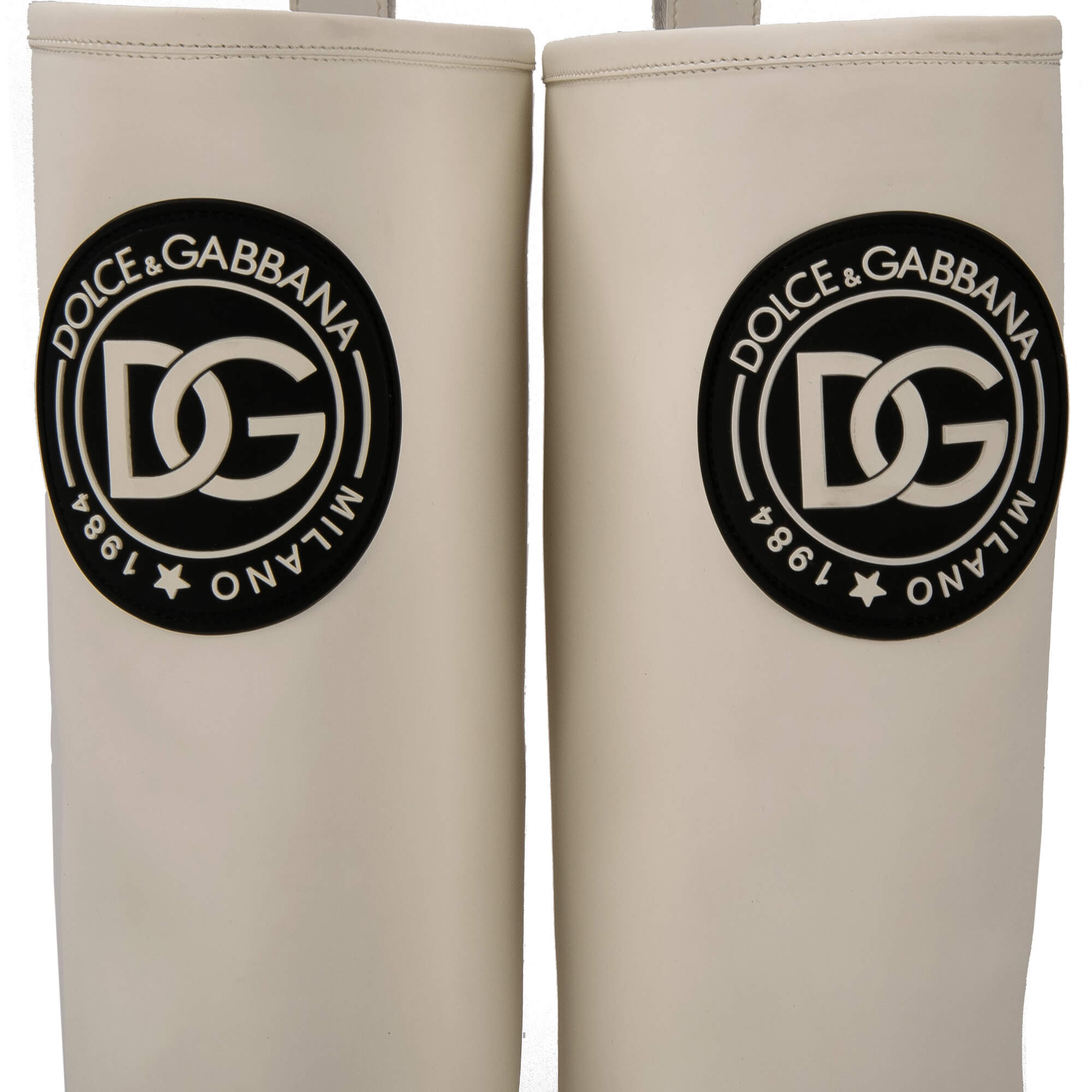 Plateau Faux Rubber Leather Blend Hi Trekking Heels Boots with DG logo in front in white by DOLCE & GABBANA