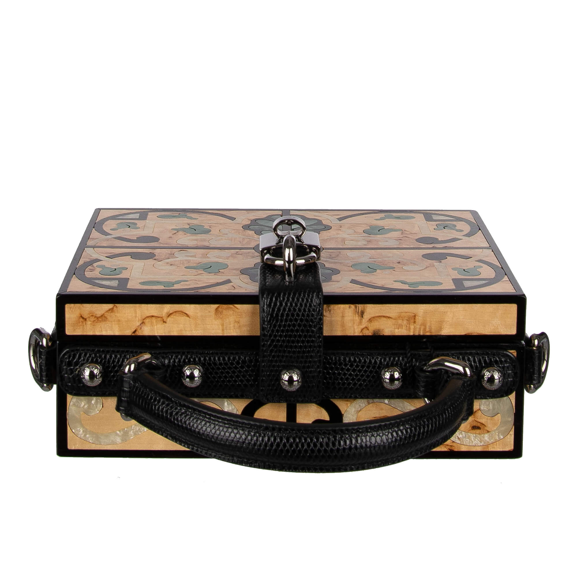 Einzigartige handgemachte und bemalte Tasche / Clutch / Schultertasche DOLCE BOX aus Holz mit dekorativem Schloss. großen Kristallen und Schulterriemen mit Eidechse Textur von DOLCE & GABBANA