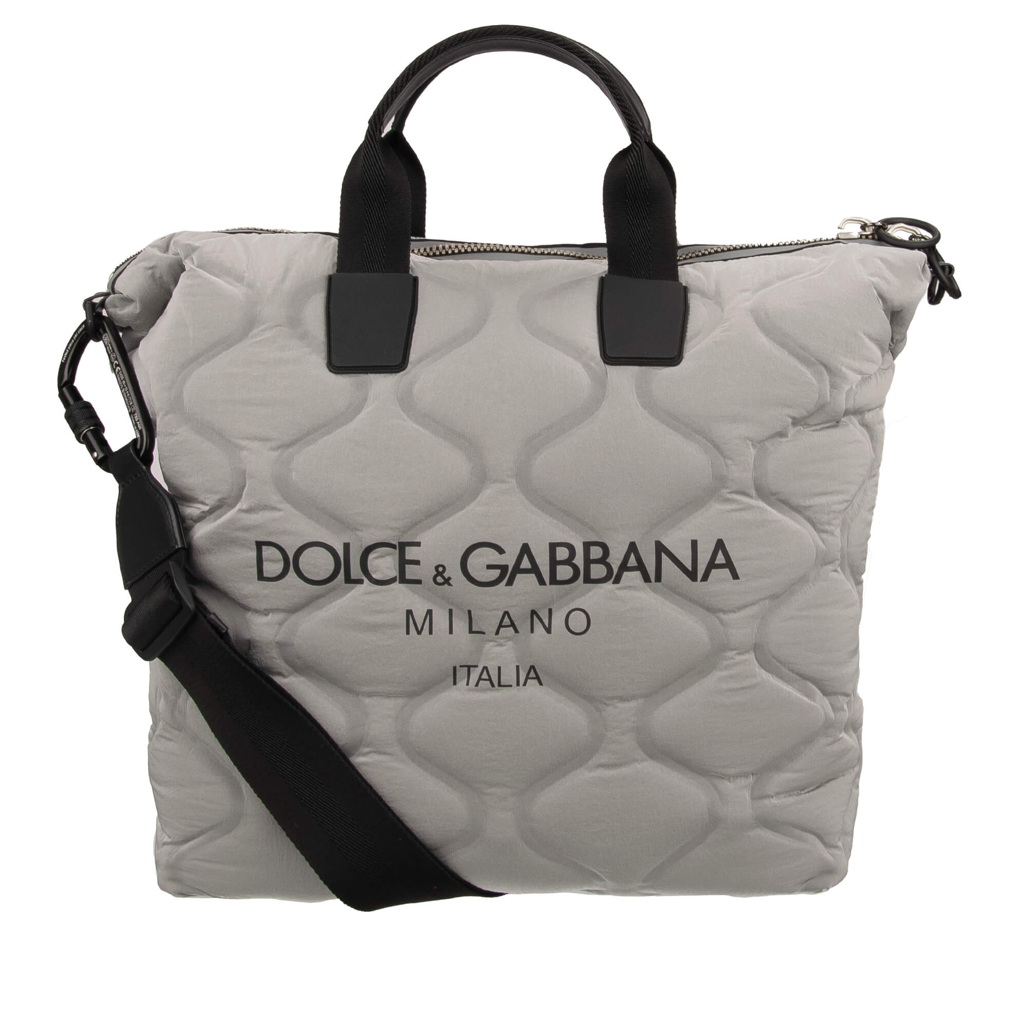 Quilted Neoprene Shopper Weekender Bag with Logo Silver Black