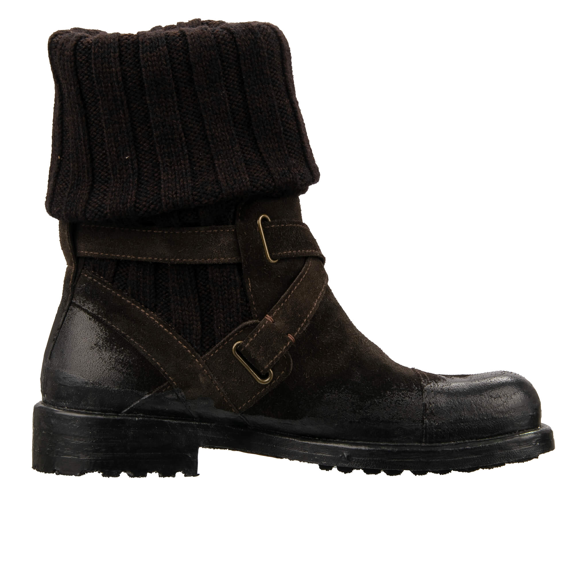 Wool Coated Leather Buckle Boots Shoes Brown