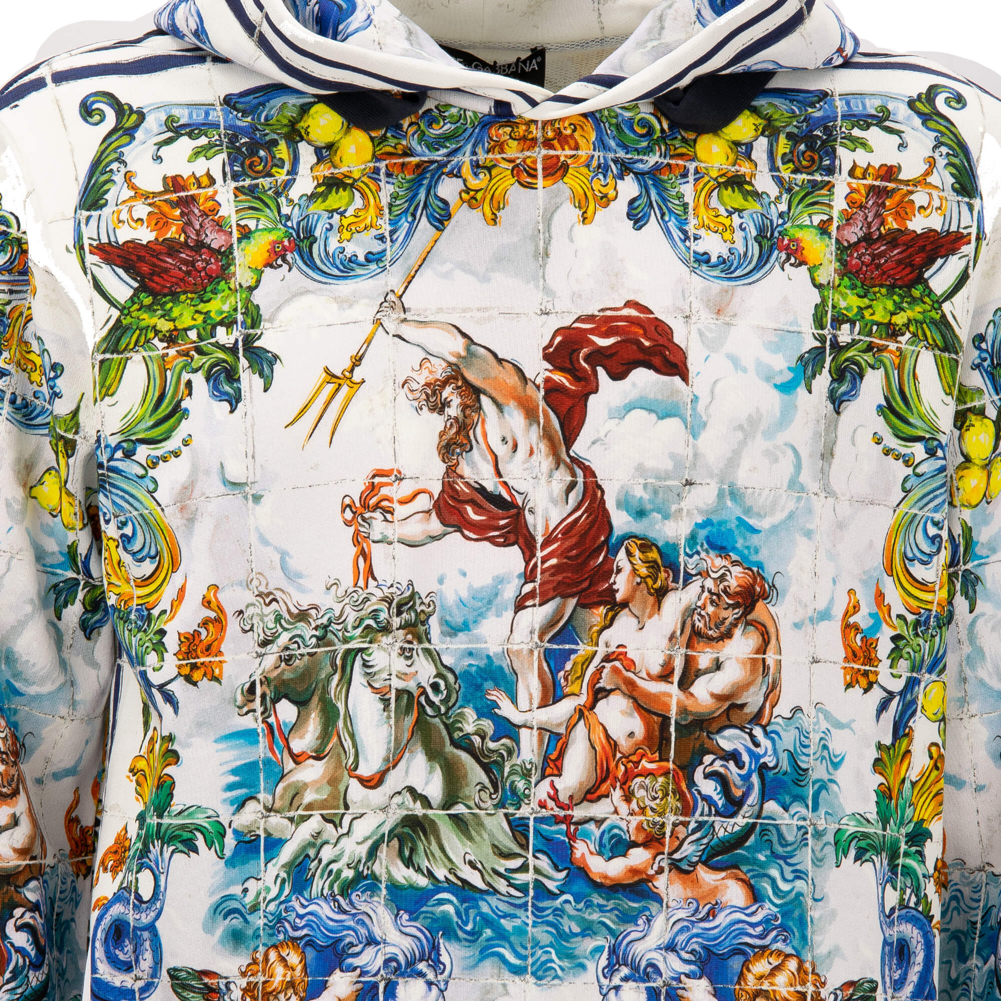 Hoodie Sweater with Majolica and Neptune Print White Blue 48