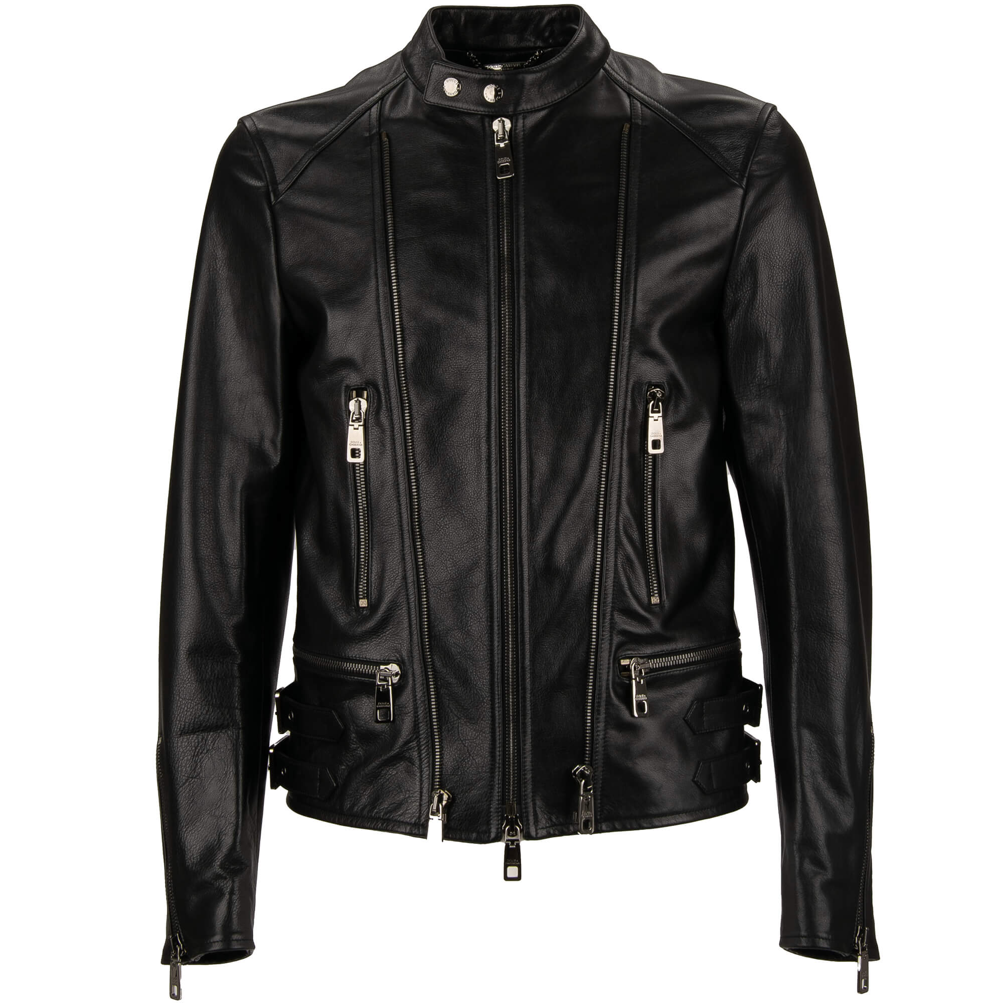 Biker Leather Jacket with Zips, Pockets and Buckles Black