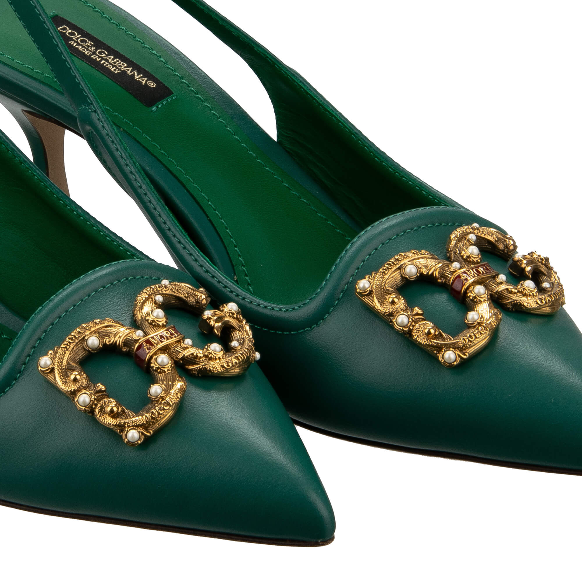 Pointed leather Slingbacks Pumps with DG Pearl Amore Logo in green by DOLCE & GABBANA