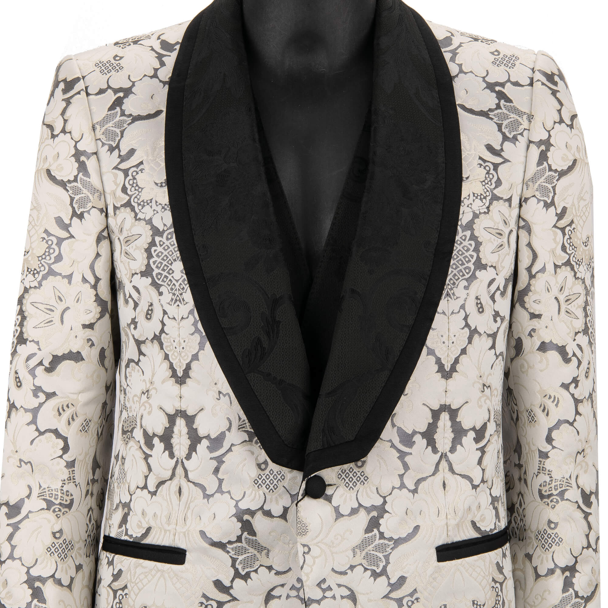 Baroque jacquard 3 piece suit, jacket, waistcoat, pants with shawl lapel in white and black by DOLCE & GABBANA 