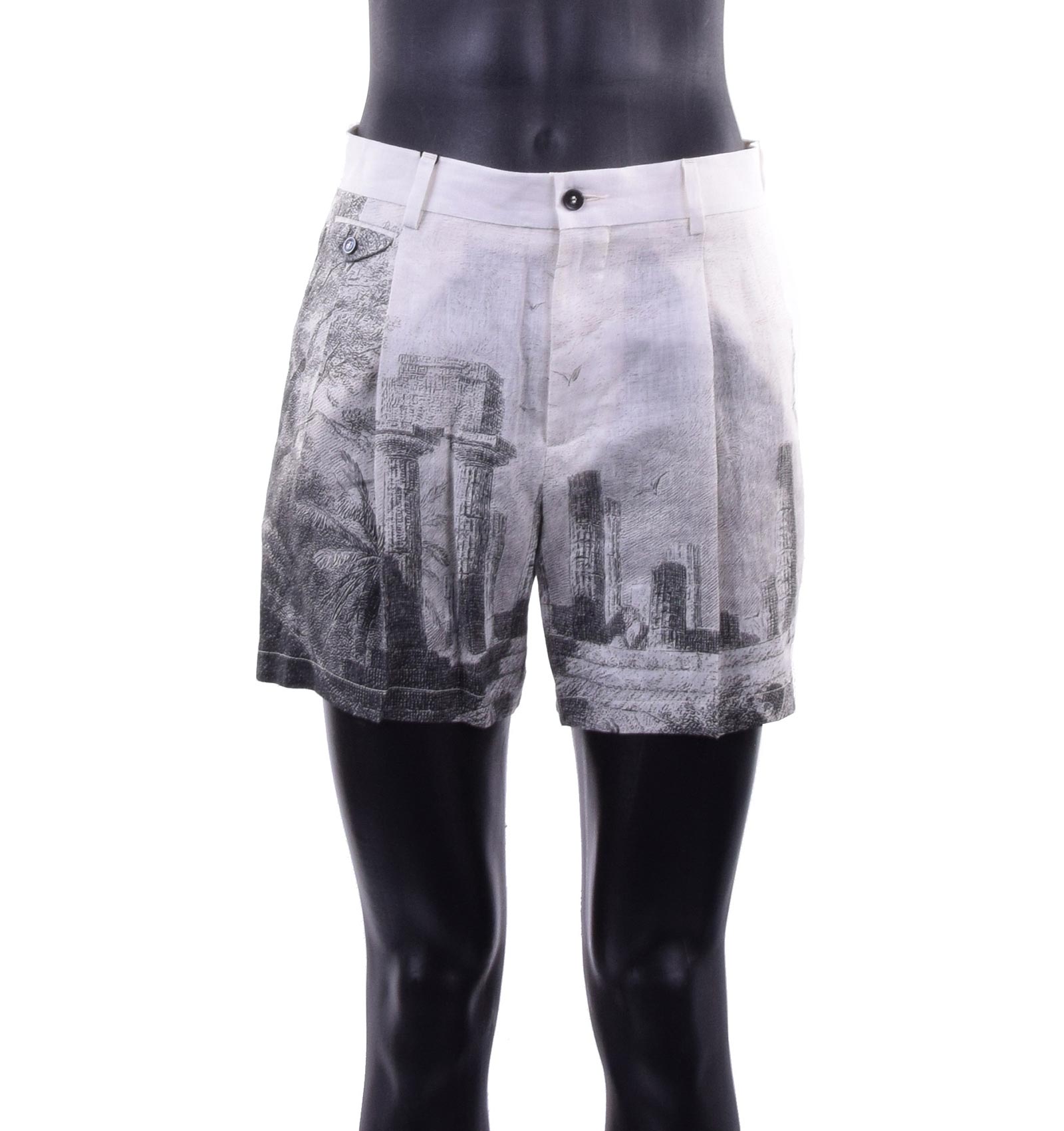 Linen Shorts with Antique Print Beige 44 XS