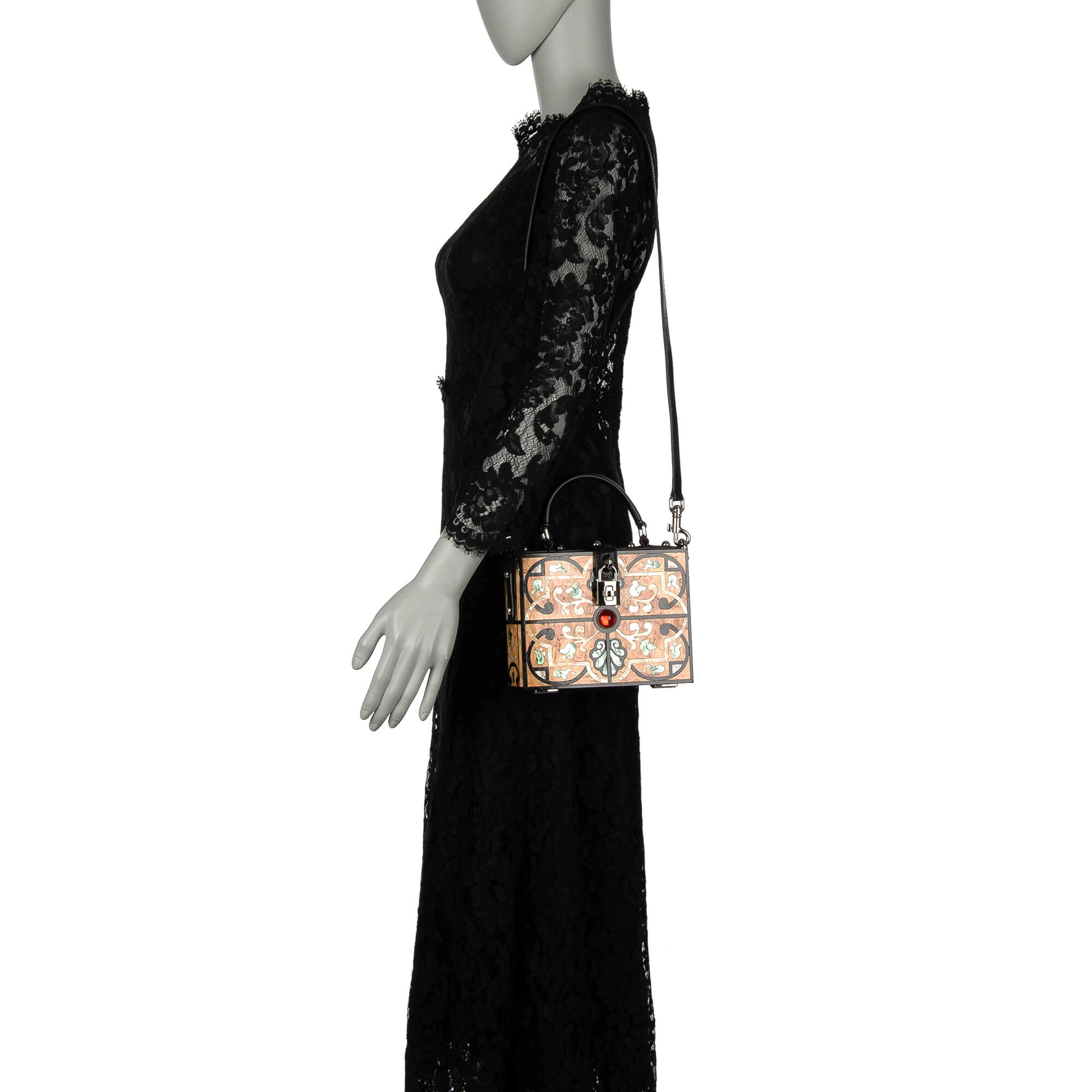 Einzigartige handgemachte und bemalte Tasche / Clutch / Schultertasche DOLCE BOX aus Holz mit dekorativem Schloss. großen Kristallen und Schulterriemen mit Eidechse Textur von DOLCE & GABBANA