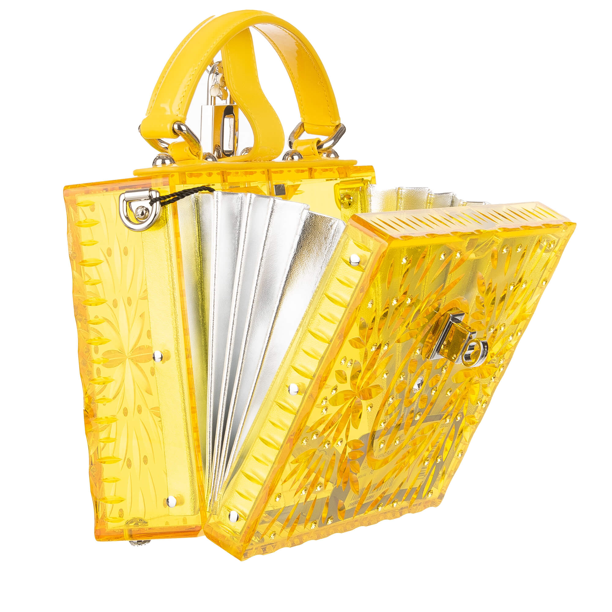 Crystals embellished transparent plexiglas bag / shoulder bag / clutch Cinderella DOLCE BOX with floral texture and decorative padlock with flower by DOLCE & GABBANA