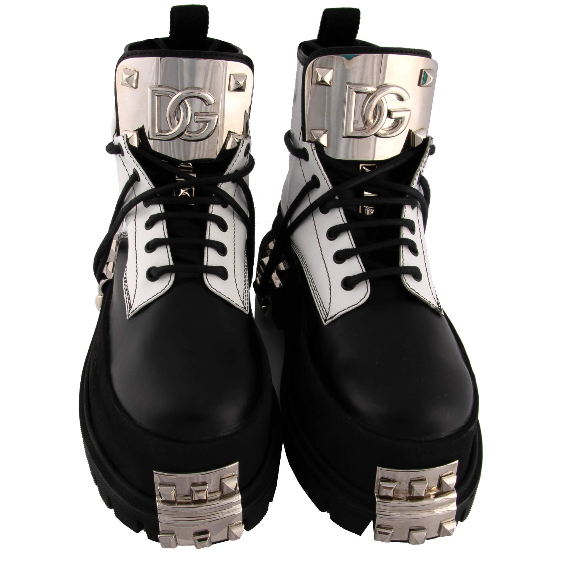 Leder Plateau Hi Trek Combat / Biker Stiefel mit Applikationen us Metall und großem DG Logo in Schwarz und Weiß von DOLCE & GABBANA