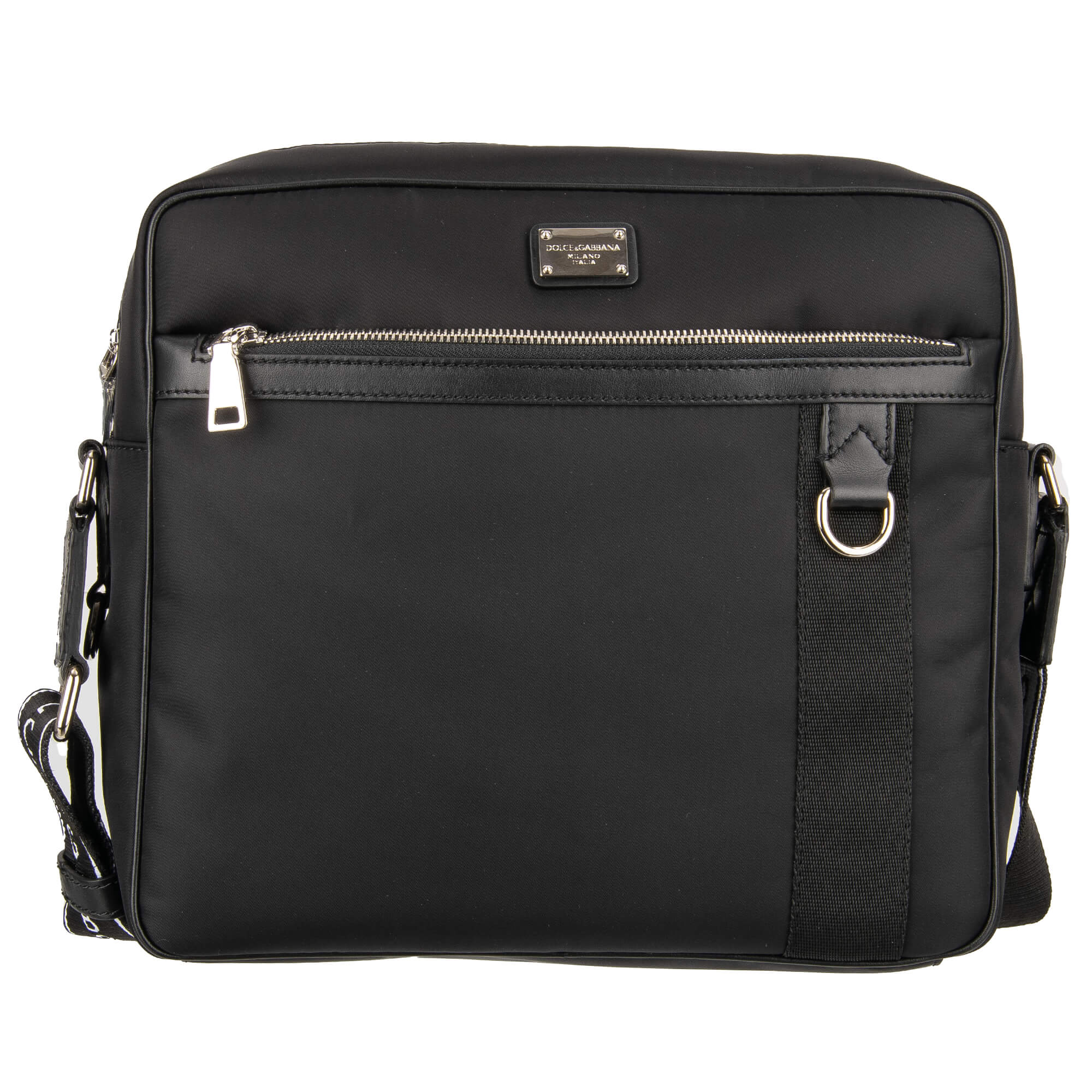 Nylon Crossbody Bag / Messenger Bag with leather details, logo printed strap, logo plate and pockets by DOLCE & GABBANA