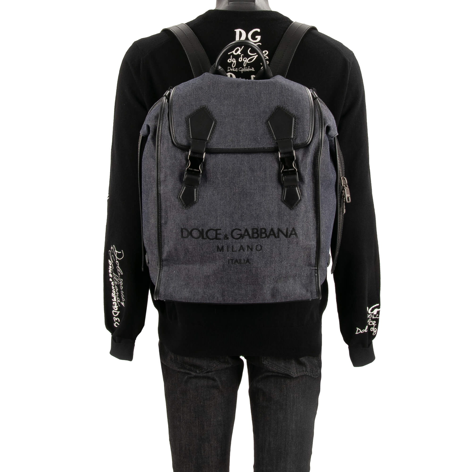 Großer Rucksack EDGE aus Denim und Leder mit Reißverschluss und großem Logo von DOLCE & GABBANA