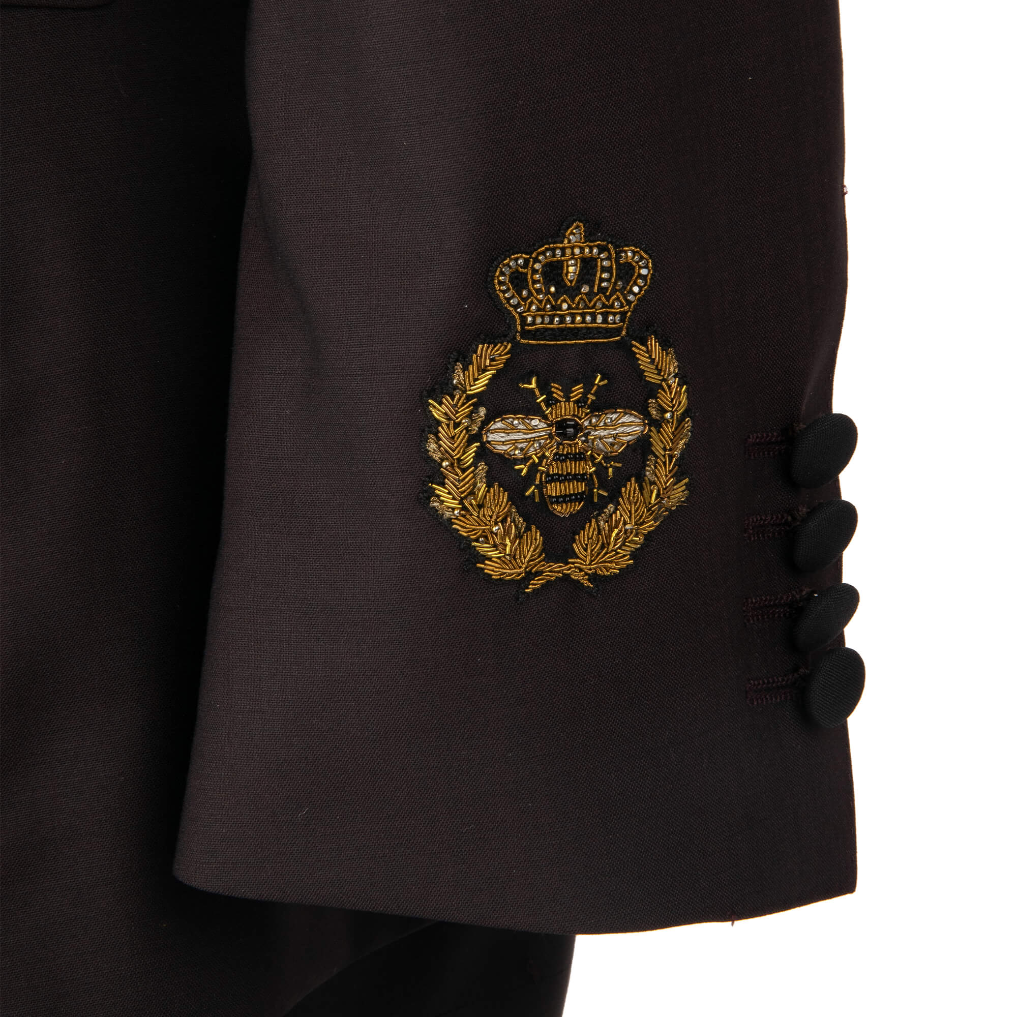 Virgin wool 3 piece double-breasted suit with goldwork pearl embroidery and peak lapel in brown and gold by DOLCE & GABBANA 