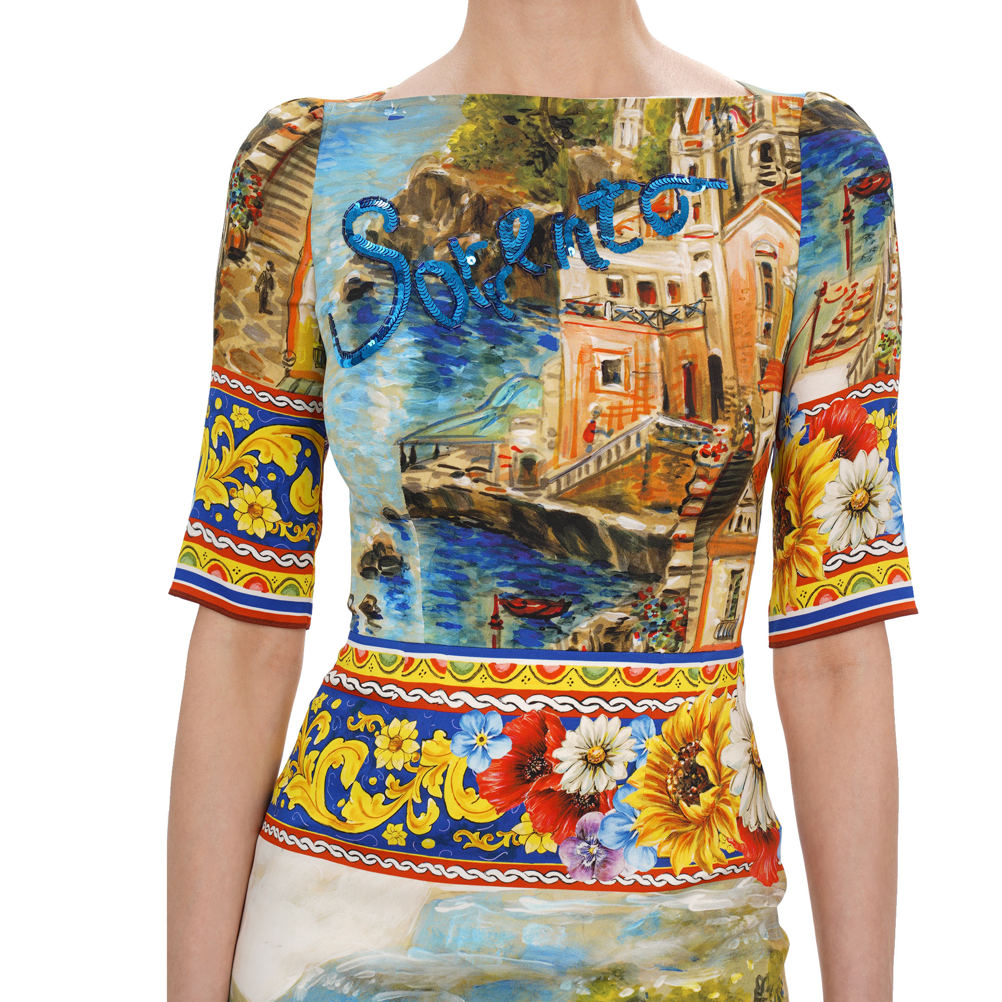 Sorrento Carretto Print Kleid aus Seide mit Pailletten Stickerei in Rot, Blau und Gelb von DOLCE & GABBANA 