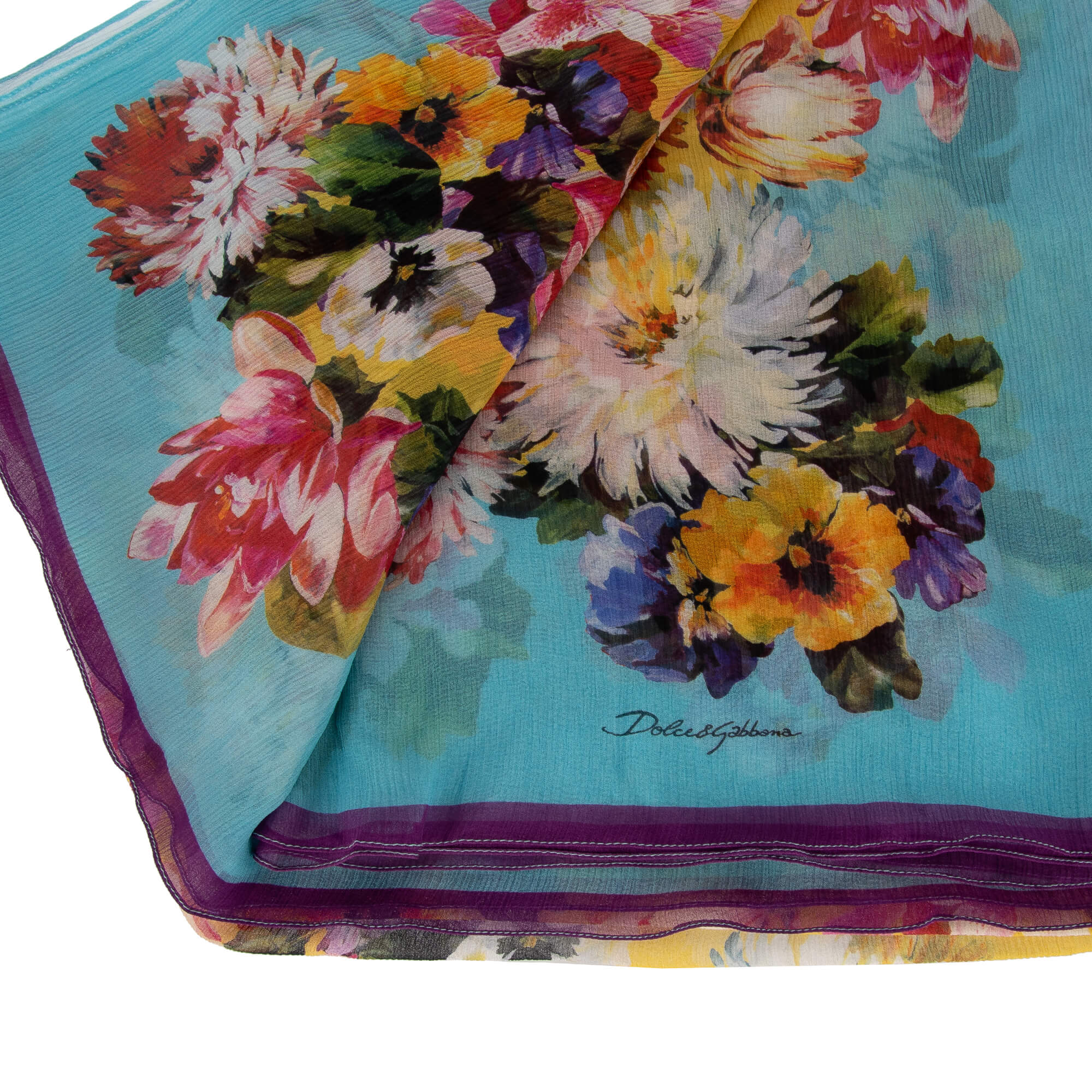Großer Schal / Foulard aus Seide mit Blumen und Logo Print in Blau, Rot und Gelb von DOLCE & GABBANA