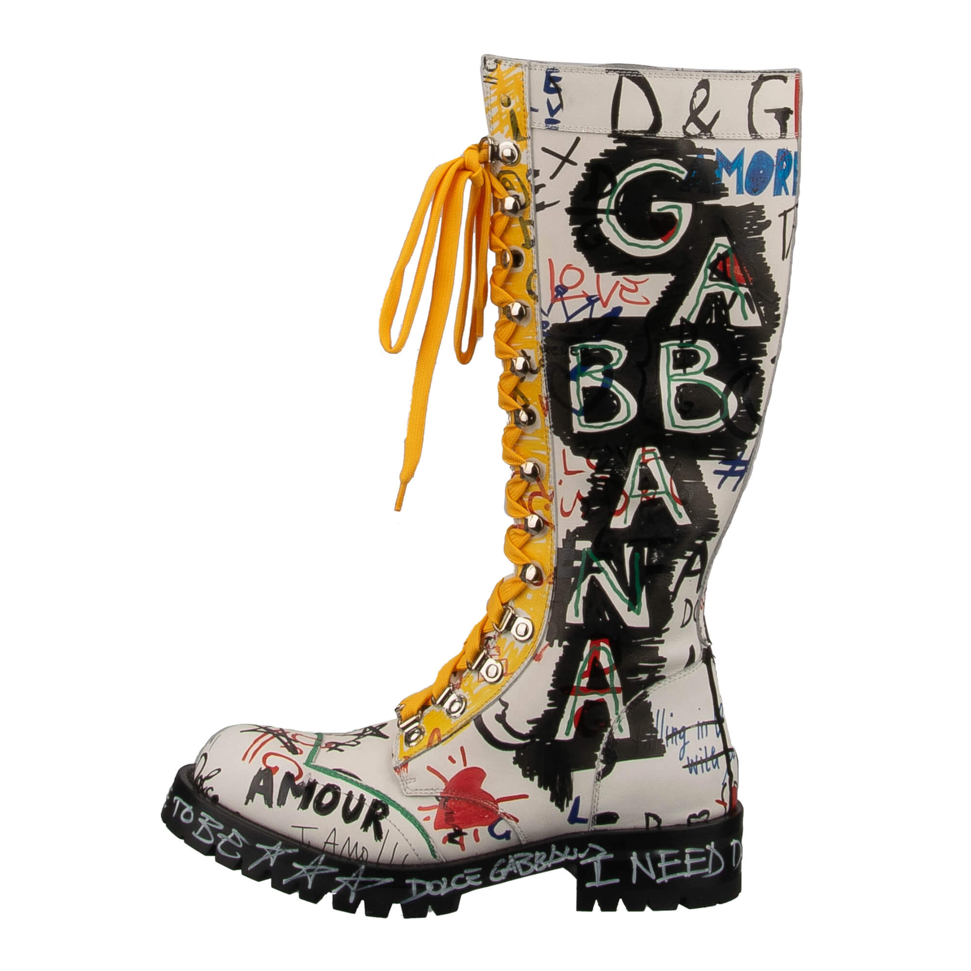 Women Leather BERNINI Boots with DG logo Graffiti print and hand-painted elements in white by DOLCE & GABBANA