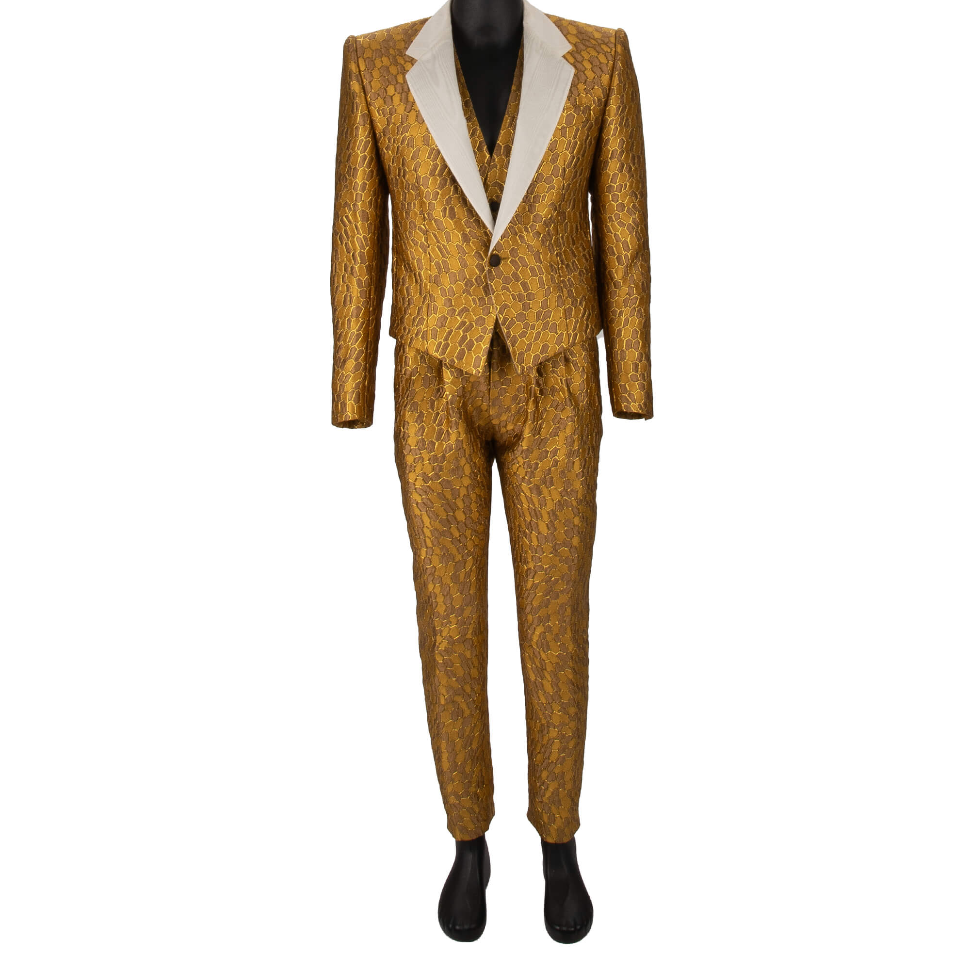 3-Teile Anzug aus Jacquard mit gekürztem Blazer und fallendem Revers in Gold und Weiß von DOLCE & GABBANA 