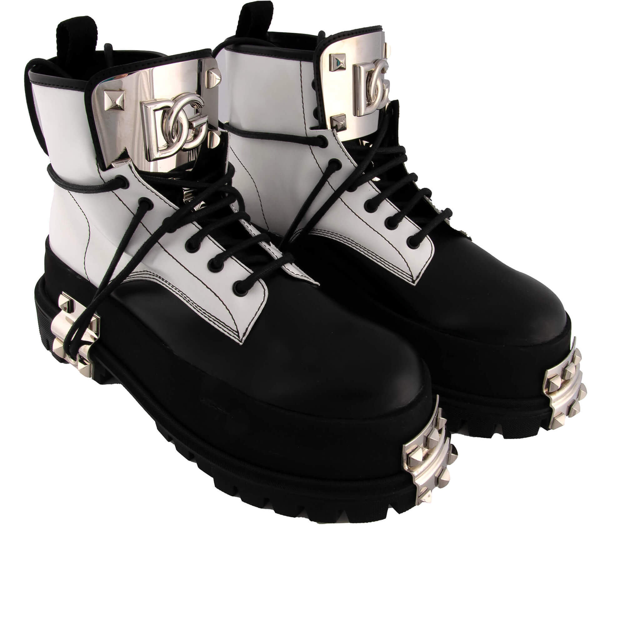 Leder Plateau Hi Trek Combat / Biker Stiefel mit Applikationen us Metall und großem DG Logo in Schwarz und Weiß von DOLCE & GABBANA