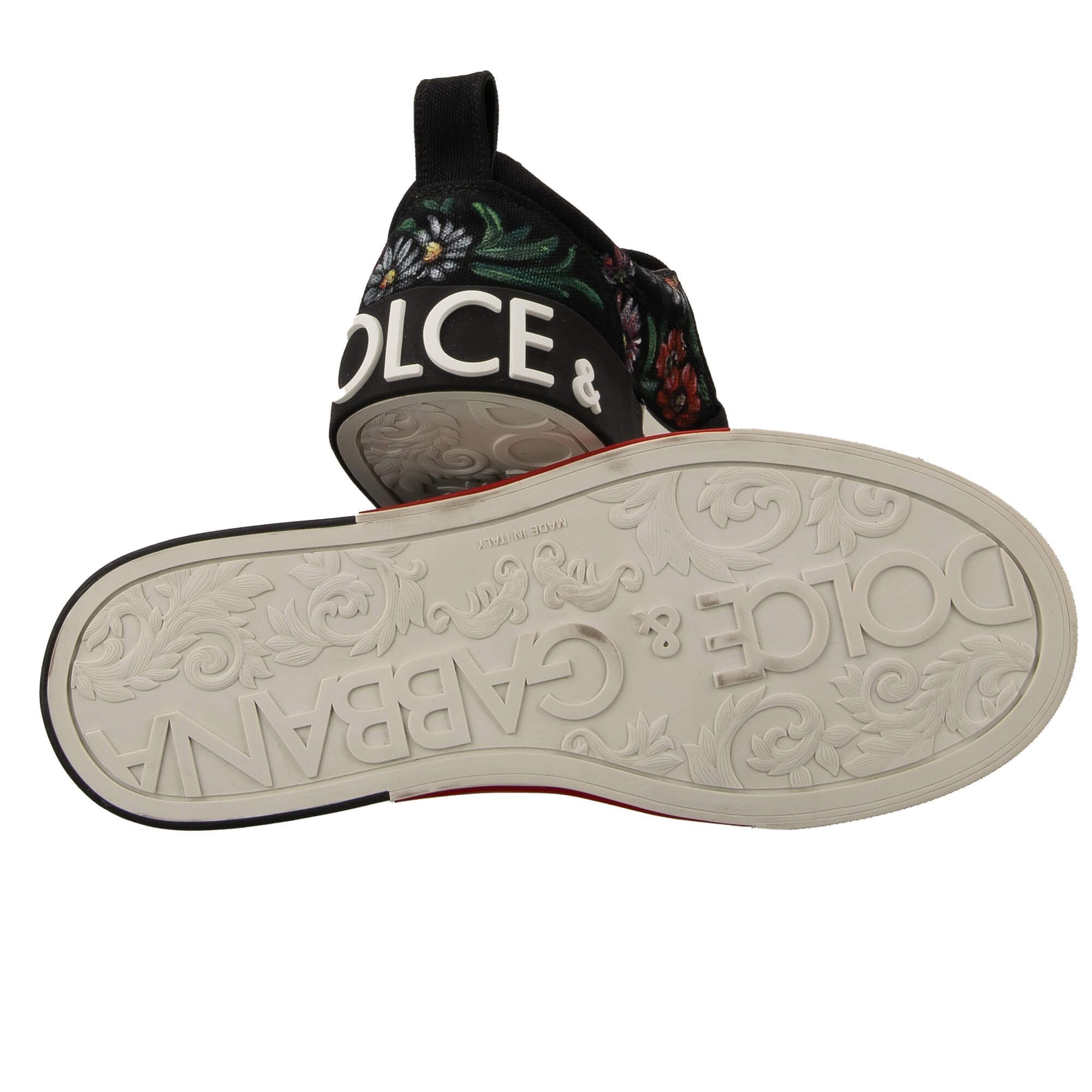 Handbemahlte Blumen Exklusive Damen Slip On Sneaker DONNA mit DG Logo in Schwarz und Weiß von DOLCE & GABBANA