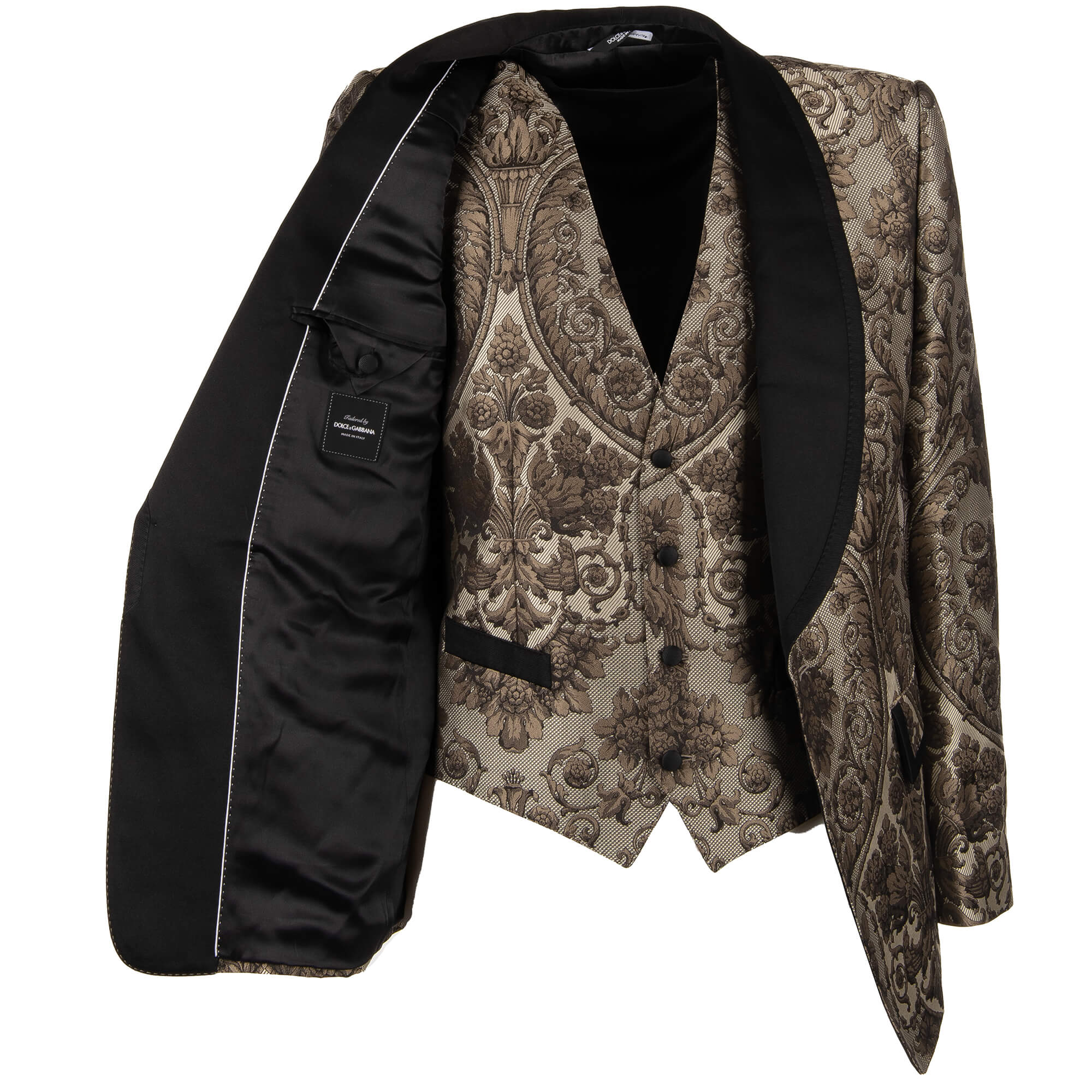 Floral Jacquard Baroque blazer with waistcoat in black and beige by DOLCE & GABBANA