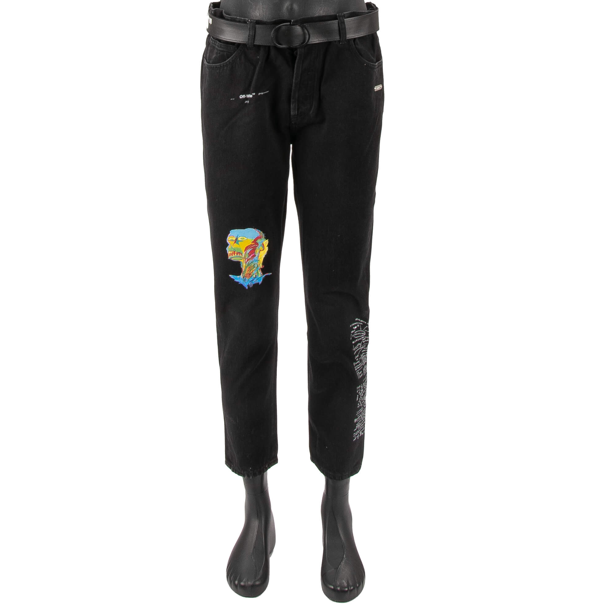 Off-White Virgil Abloh Post Modern Kurze Slim Low Crotch Jeans mit Gürtel Schwar