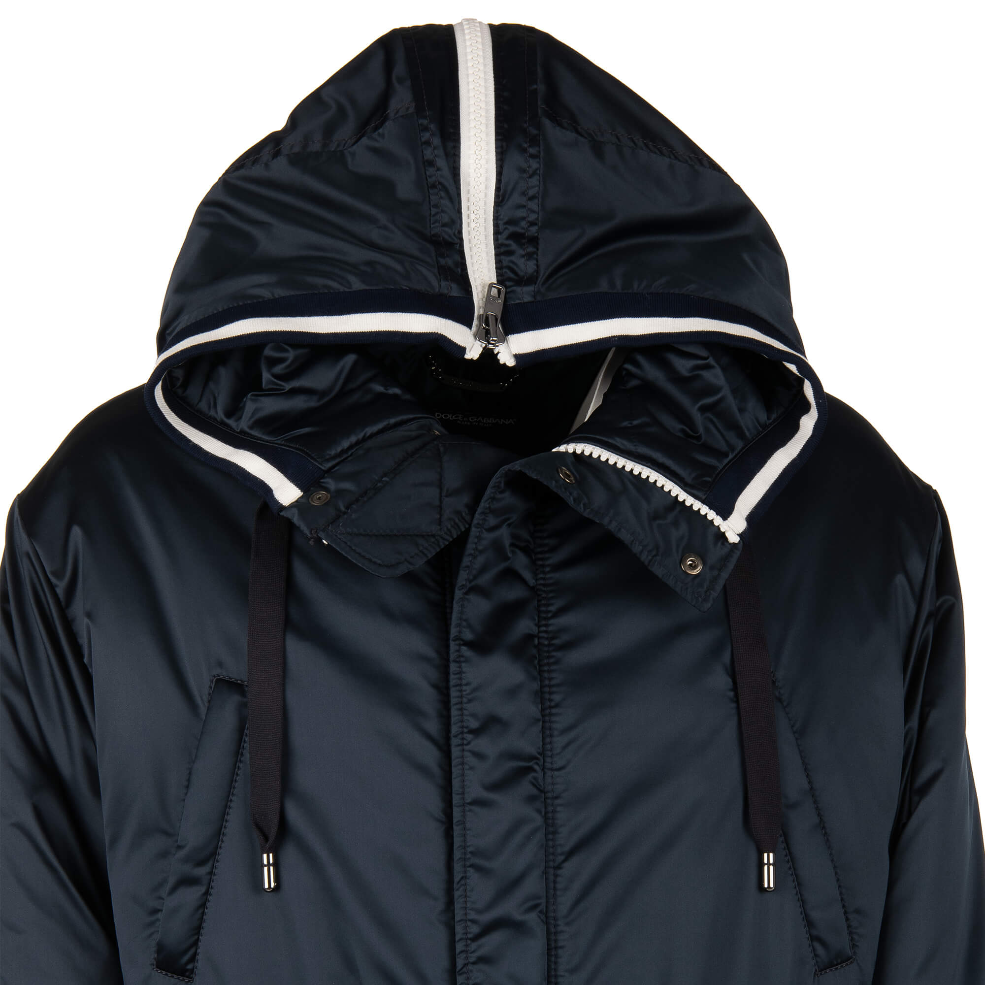 Lange, gefütterte Parka Jacke mit Kapuze, Außentachen, großem DG Logo und Krone Print am Rücken und Strick-Details von DOLCE & GABBANA