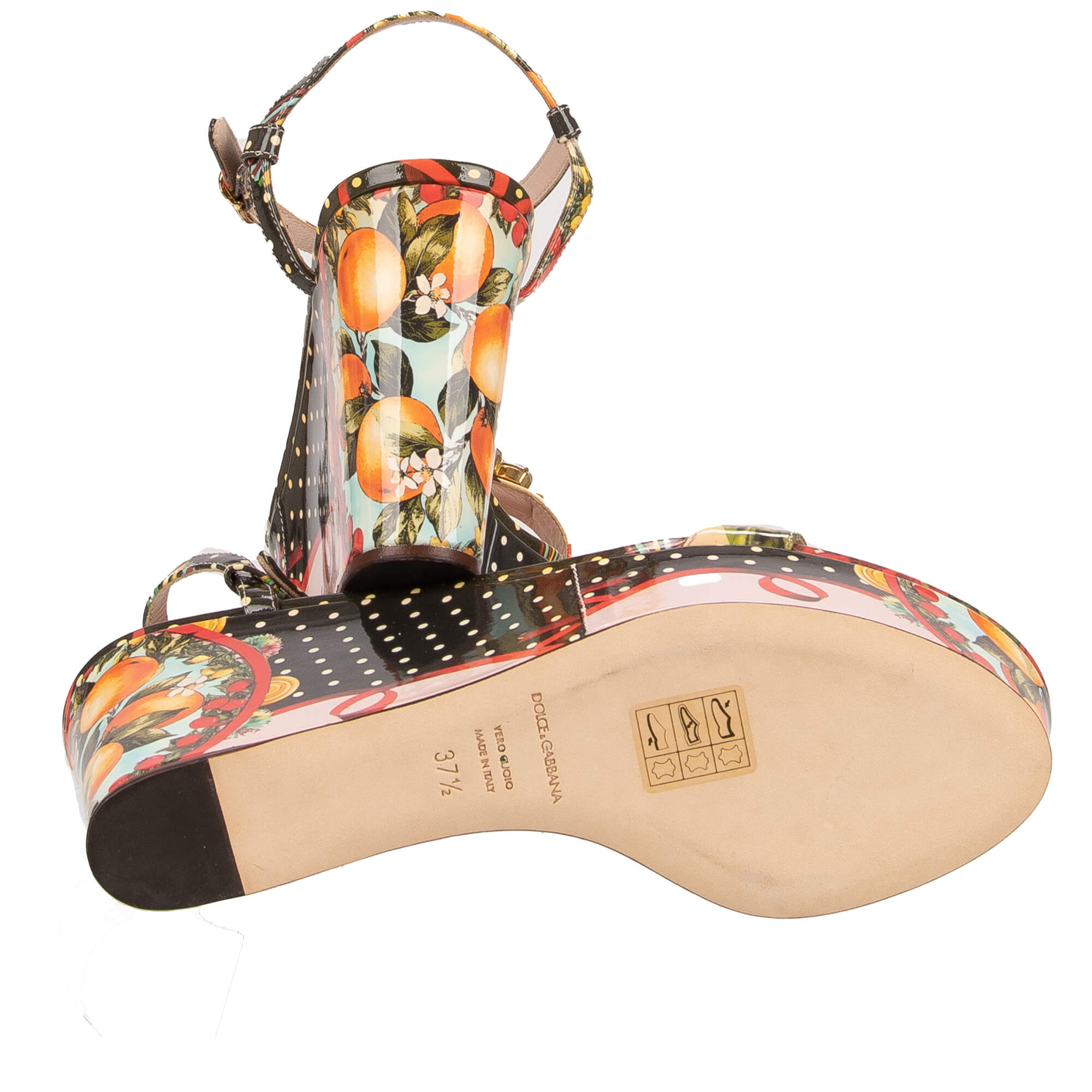 Lackleder Plateau Sandalen / Wedges BIANCA mit mehrfarbigen Kristallen, Orangen, Geranium und Polka Dot Print von DOLCE & GABBANA
