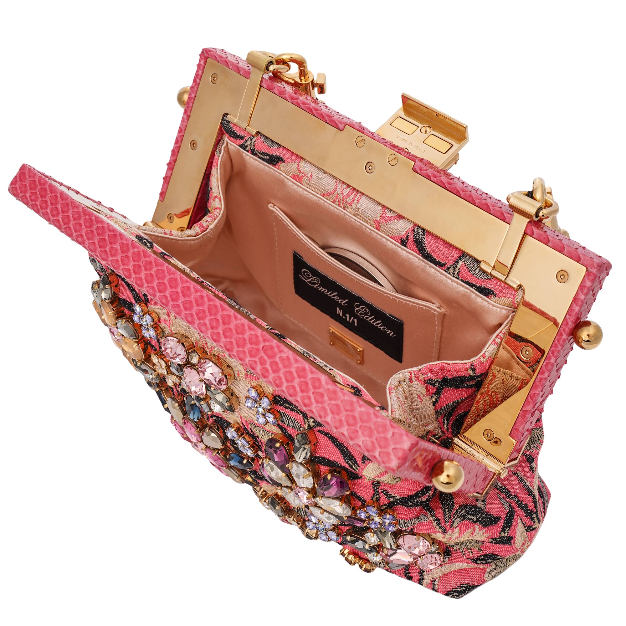 Einzigartige Clutch / Abendtasche VANDA aus Jacquard und Schlangenleder mit Kristallen, Kettenriemen und Griff aus Schlangenleder von DOLCE & GABBANA