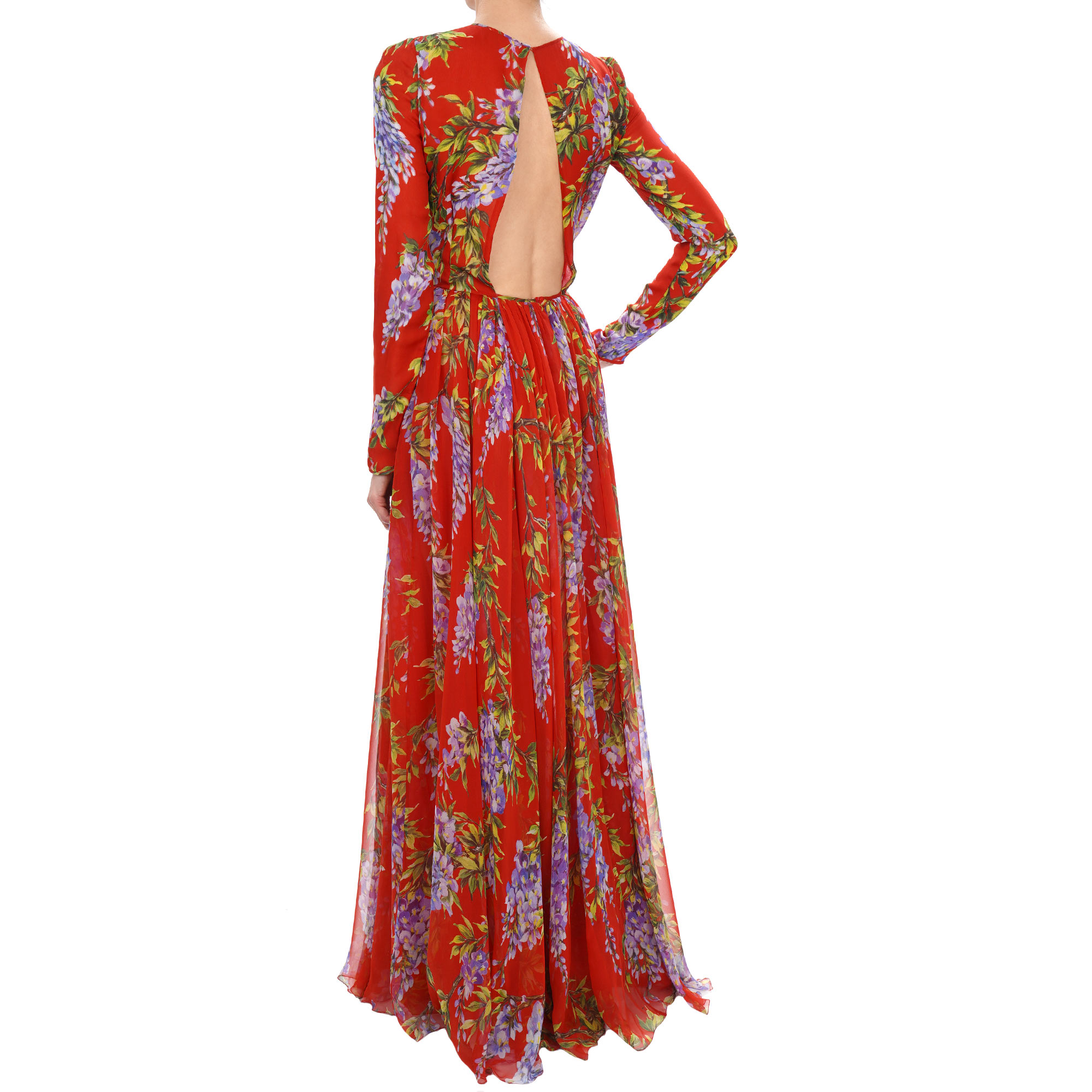 Wisteria flower print maxi silk dress with open back and tulle underskirt in red and purple by DOLCE & GABBANA