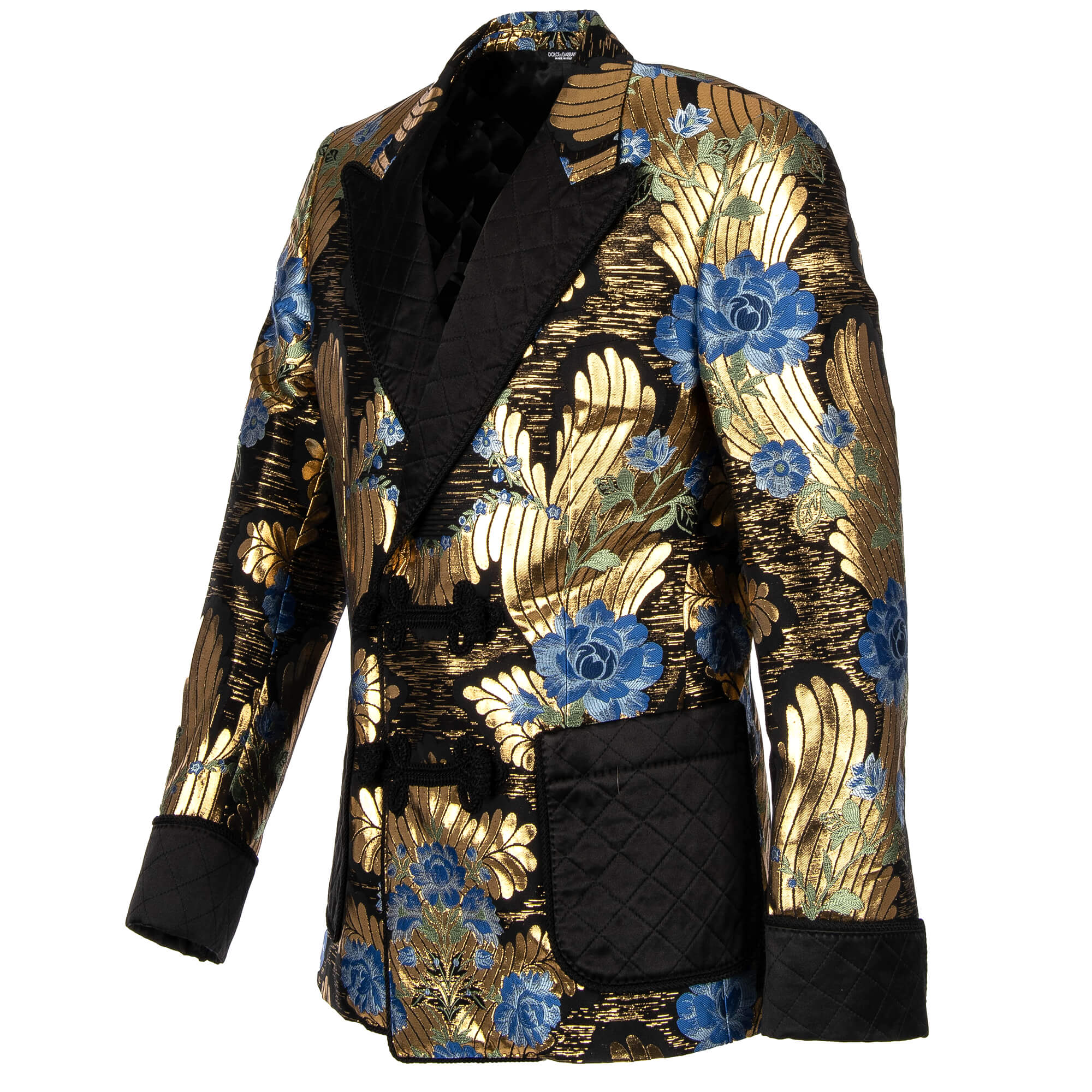 Floral Baroque Style lurex tuxedo / blazer in blue with rope fastening and contrast black quilted peak lapel, cuffs and pockets by DOLCE & GABBANA