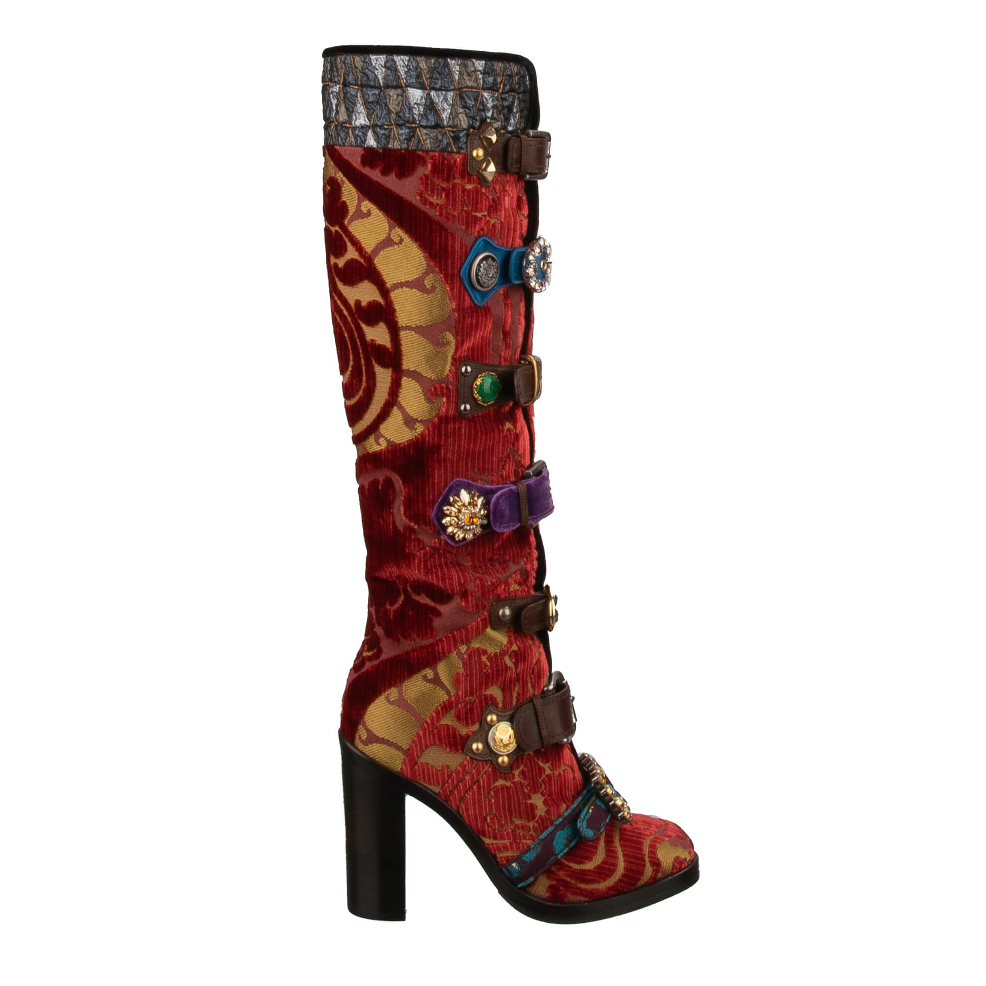 Stiefel LAWRENCE aus Barock Jacquard und Leder mit Kristall, Perlen und Nieten Schnallen von DOLCE & GABBANA