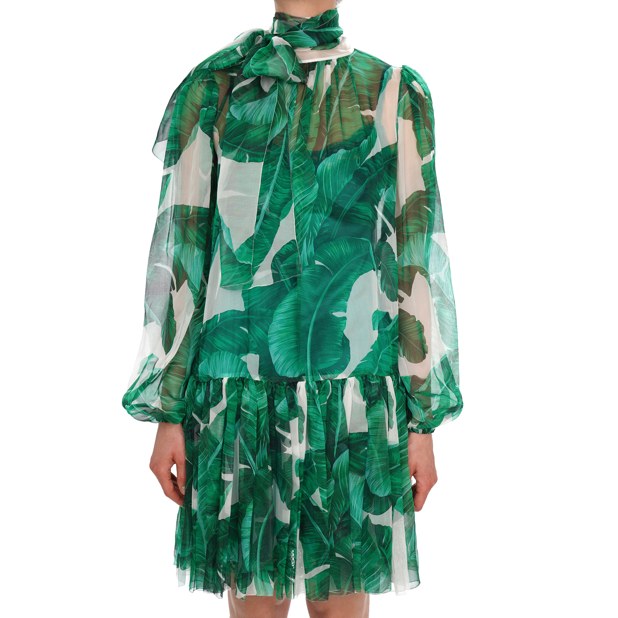 Banane Blatt Schleife Seide Kleid Grün Weiß IT 38 DE 34 XS