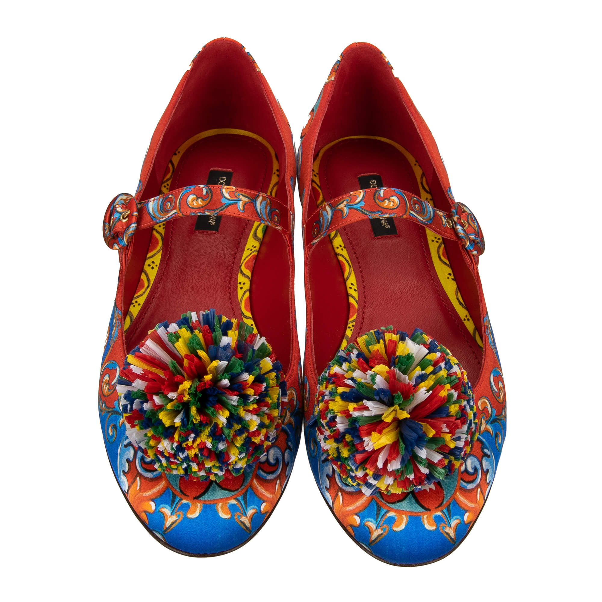 Carretto und Blumen Print Ballerinas aus Satin mit Pompon Brosche in Rot und Blau von DOLCE & GABBANA
