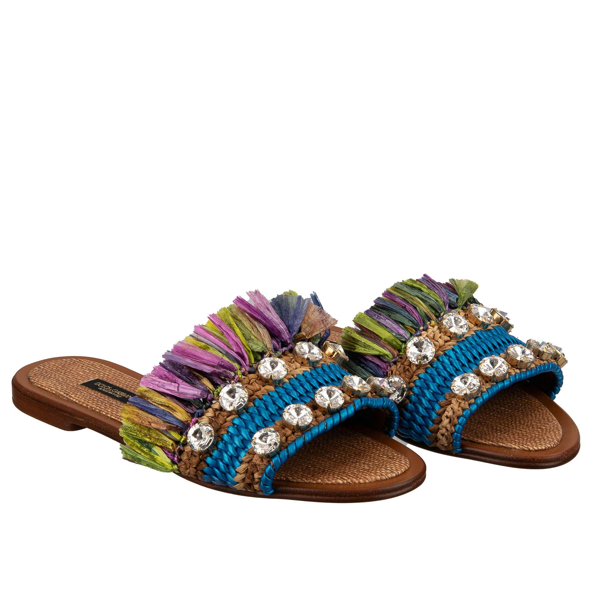Crystal Raffia Woven Sandals BIANCA Beige Blue 37 US 7