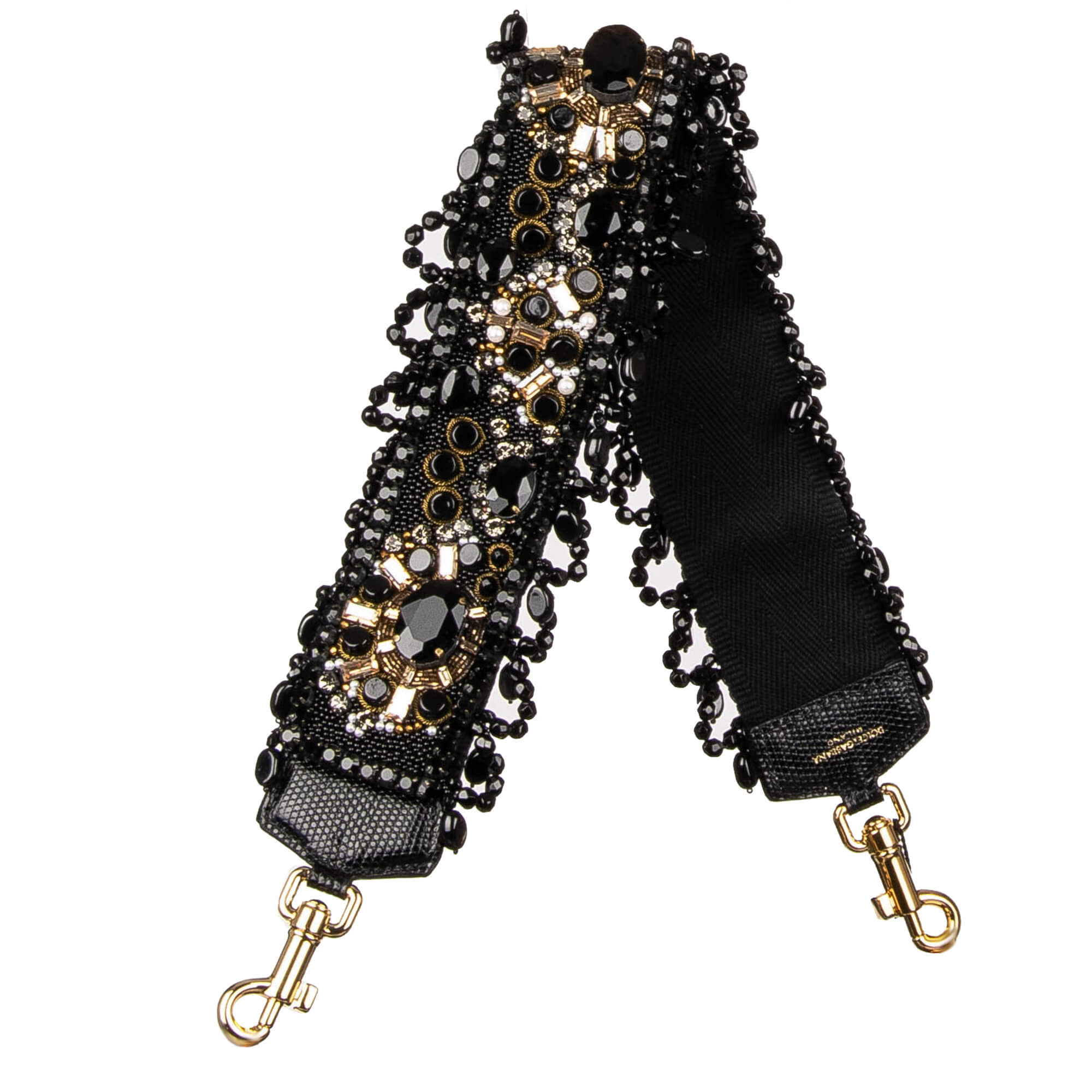 Schulterriemen für Tasche aus Baumwolle in Schwarz verziert mit Perlen und Kristallen Handstickerei von DOLCE & GABBANA