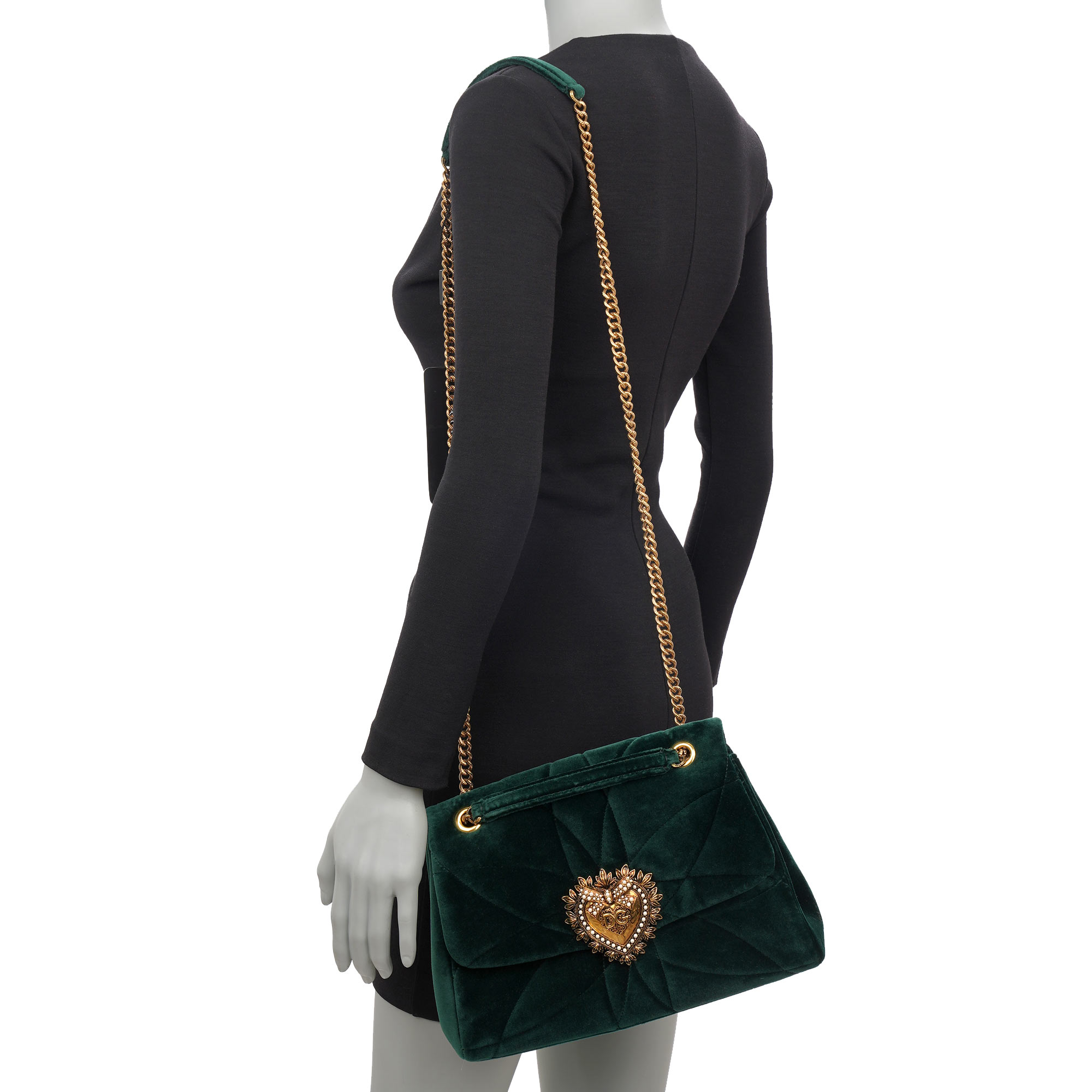 Velvet Crossbody Bag / Shoulder Bag DEVOTION with pearl heart buckle with DG Logo and structured metal chain strap by DOLCE & GABBANA