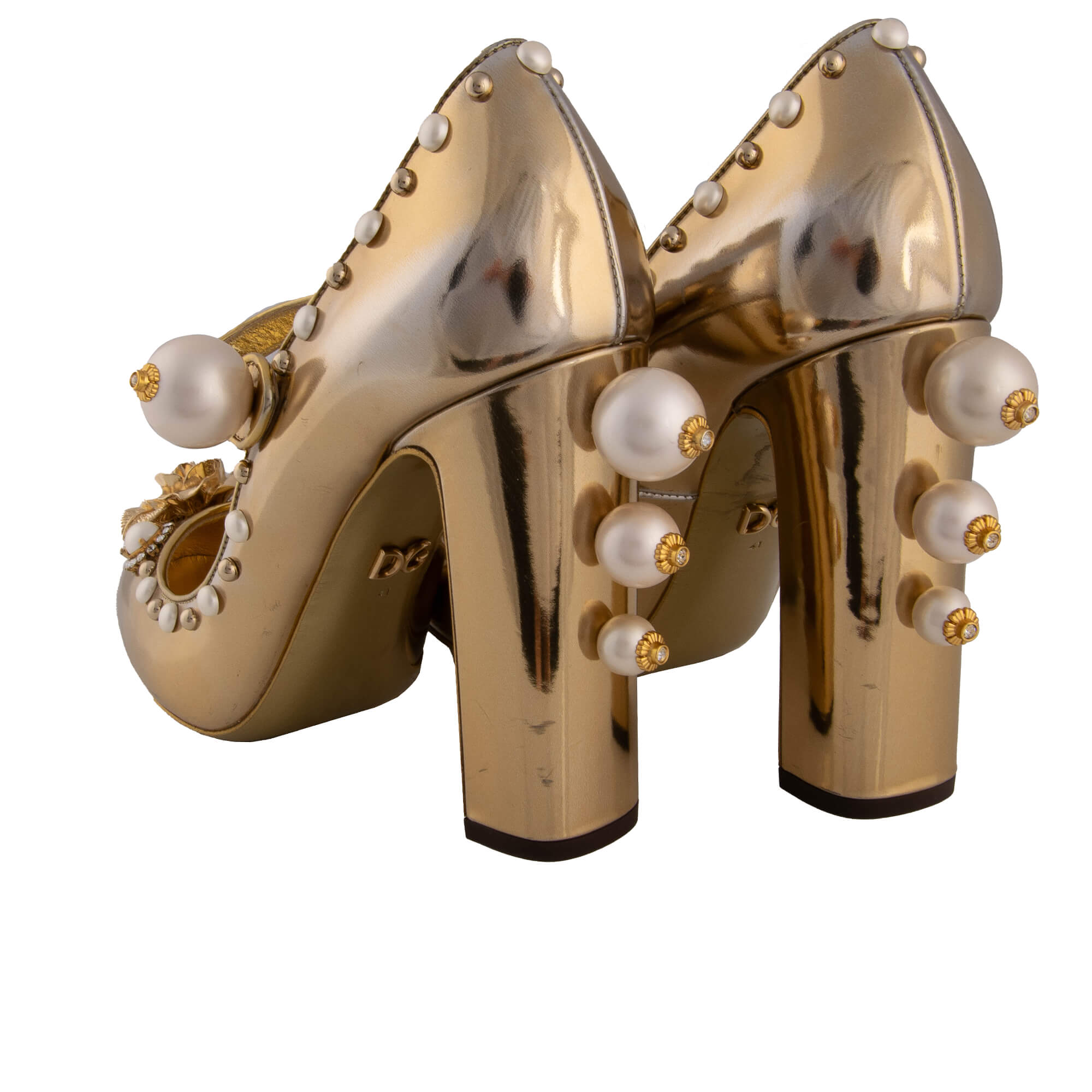Patent leather Mary Jane Pumps VALLY with crystal pearls, elastic button closure and rose in gold by DOLCE & GABBANA
