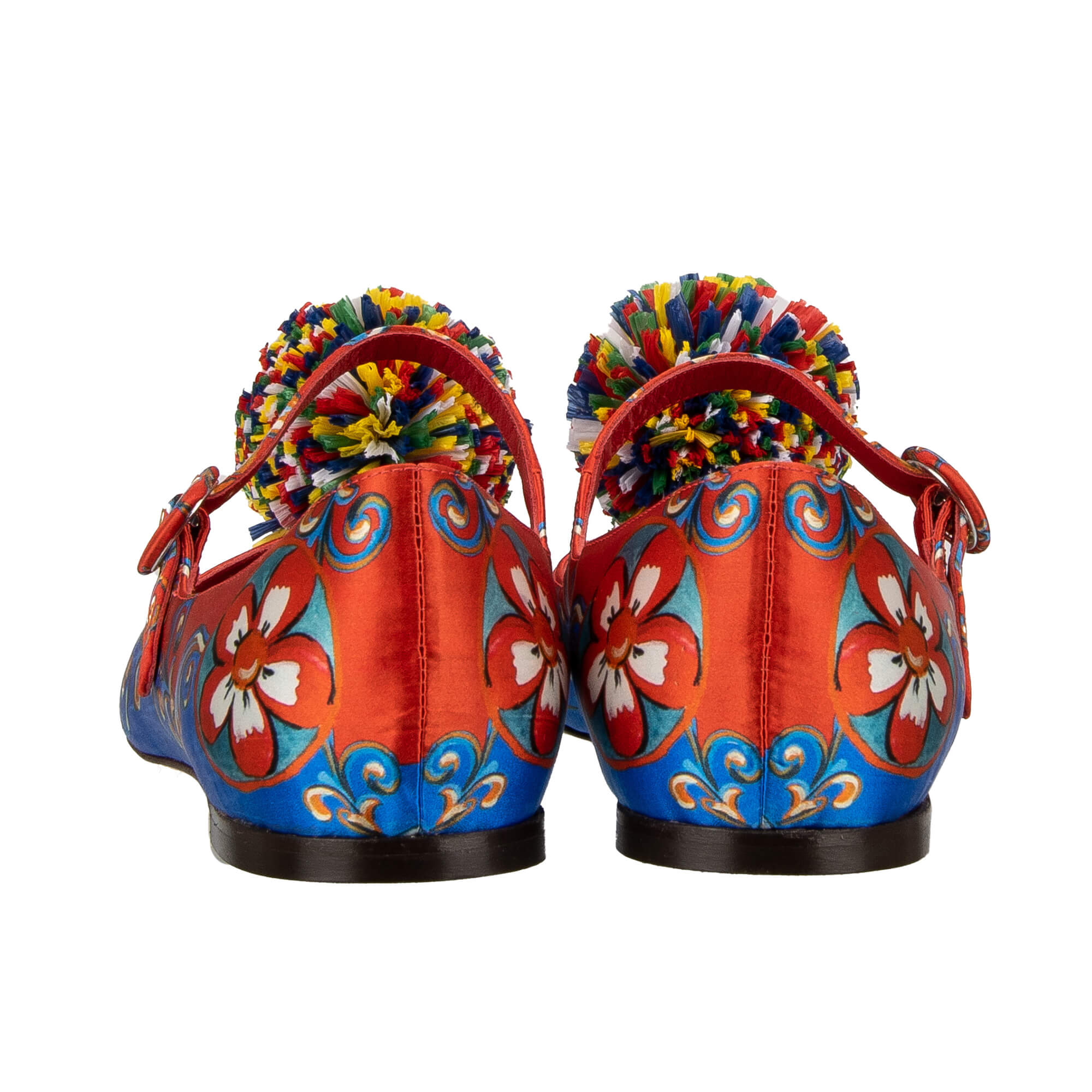 Carretto und Blumen Print Ballerinas aus Satin mit Pompon Brosche in Rot und Blau von DOLCE & GABBANA