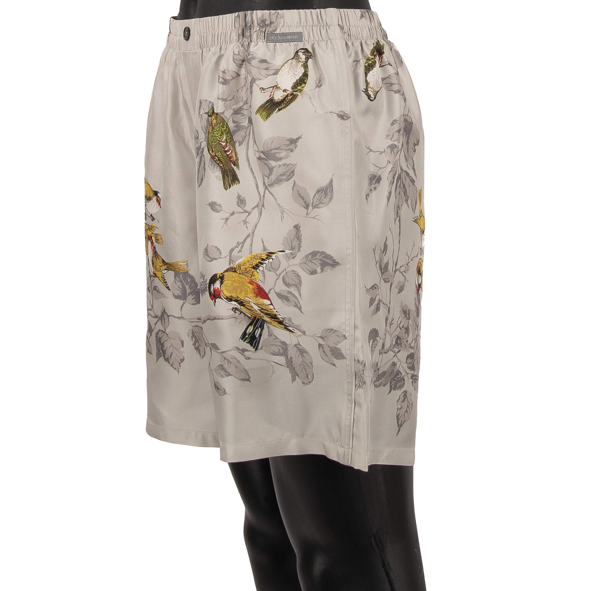 Silk Shorts with birds print, logo patch and back pocket in gray by DOLCE & GABBANA